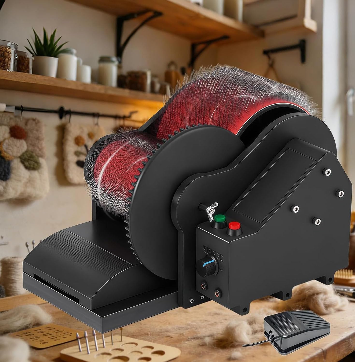 ZXSYYDS Electric Wool Carding Machine,50W Wool Felt Drum Carder,Quick Blending & Spinning,Combing,Fiber Combing with Foot Switches,for Carding Wool Fibers and Making Felt
