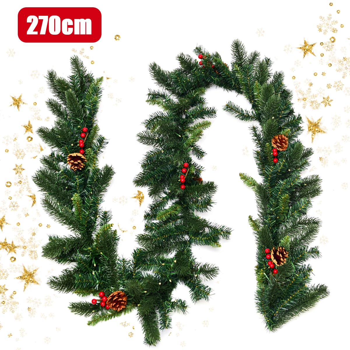 KOMFOTTEU Guirlande de Noël 270 cm avec Éclairage LED, Couronne de Sapin Artificiel pour Escaliers et Cheminées, Décoration de Noël avec Baies Rouges et Ananas