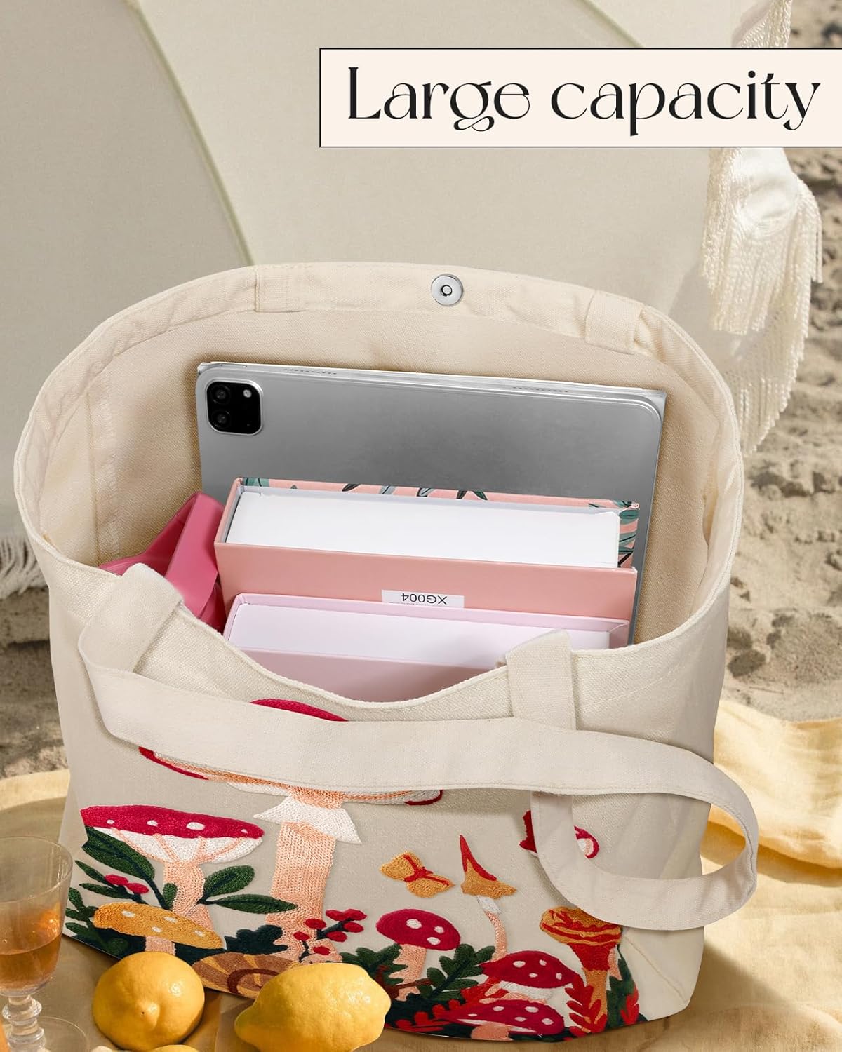 Embroidery Canvas Tote Bag for Women - Reusable Tote with Buckle Aesthetic Cute Shoulder Bag for Shopping, Grocery - Image 5