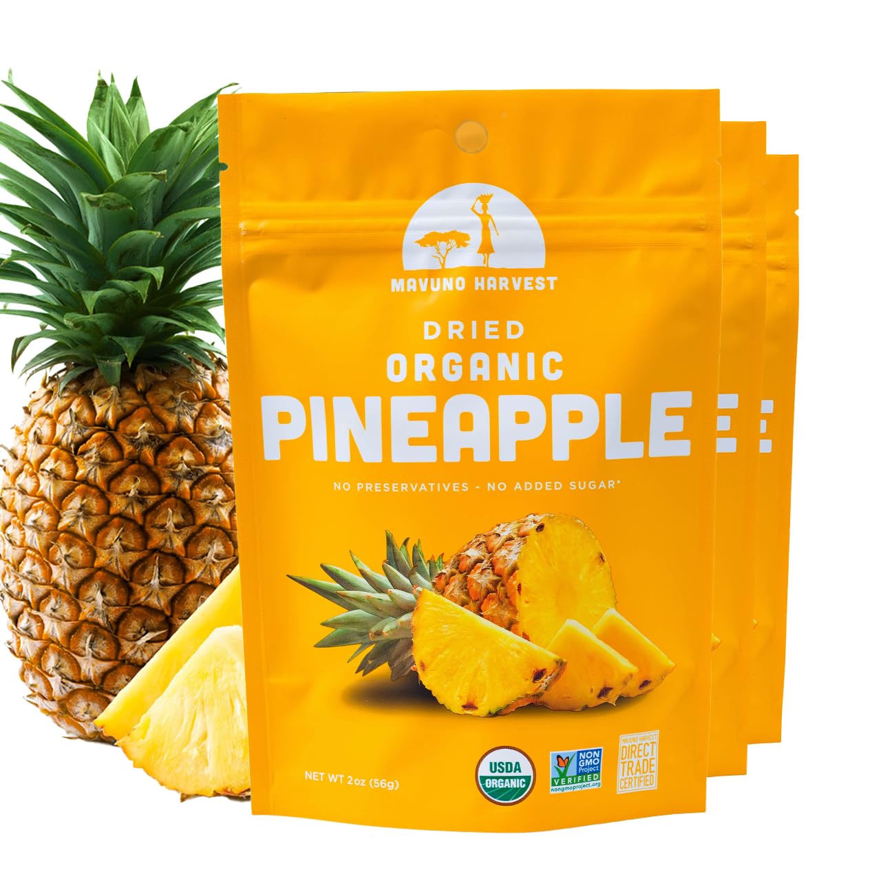 Mavuno Harvest Pineapple Dried Fruit Snacks | Organic Dried Pineapple Chunks| Gluten Free Healthy Snacks for Kids and Adults | No Sugar Added, Vegan, Non GMO, Direct Trade | 2 Ounce, Pack of 3USDA Organic