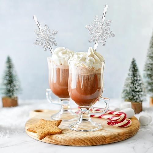 Miniatura 6 de AnyDesign - 50 popotes de papel de Navidad desechables a rayas blancas y plateadas con copos de nieve con purpurina para invierno, Navidad,