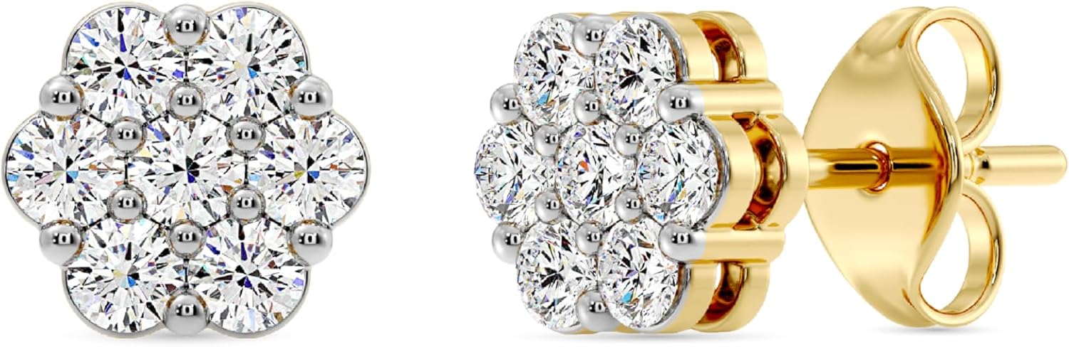 Gilded Lab-Grown Diamond 7 Stone Flower Earrings for Women in 925 Sterling Silver and 14KT Yellow Gold Plated Silver | Hypoallergenic Fine Jewelry | Hinged Closure | SI1 Clarity, F Color |1/4,1/2, 1,2 Carat Total Weight