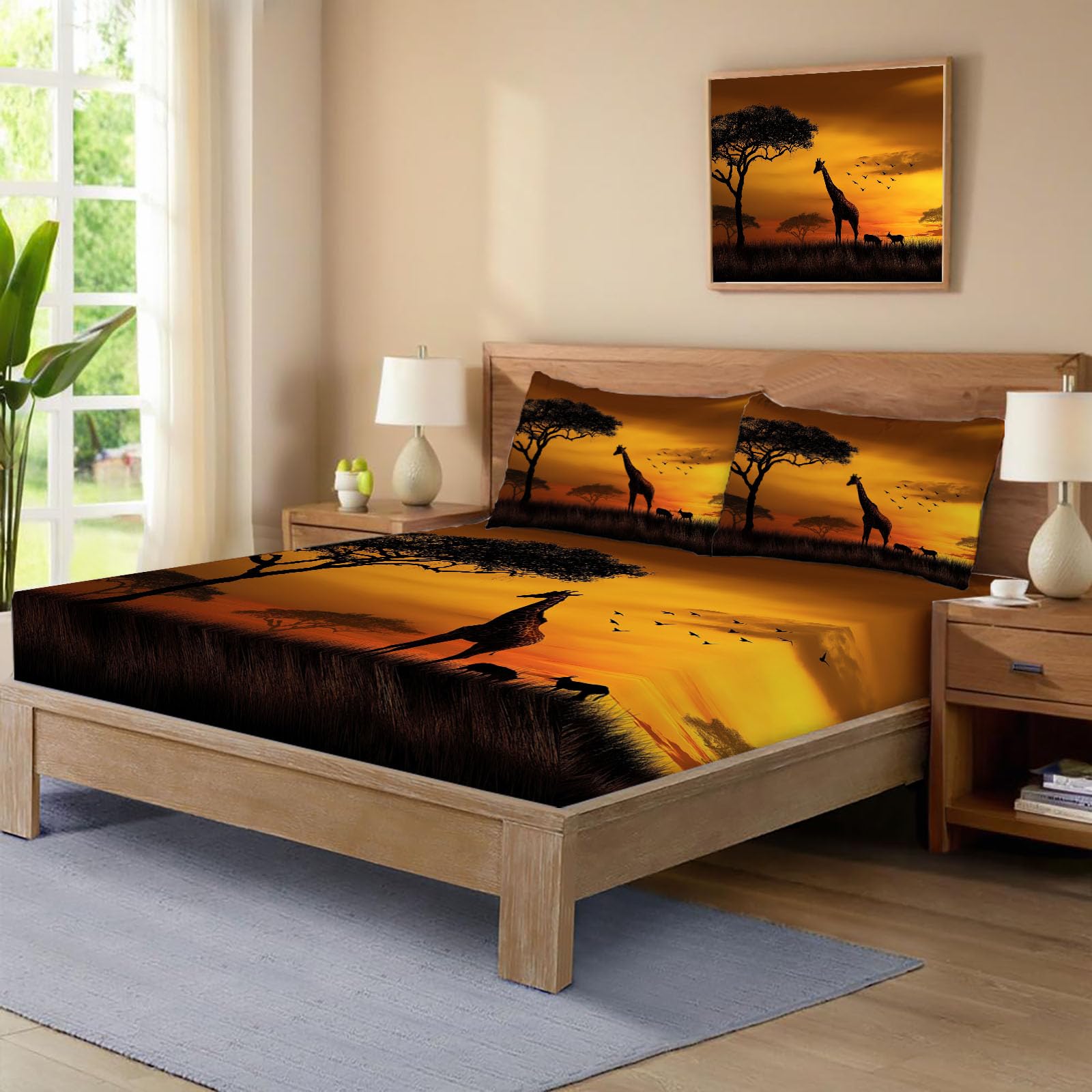 Sábana Bajera Ajustable De Jirafa De Sabana 200X190/200Cm, Juego De Ropa De Cama De Animales Africanos, Naranja Quemado, Sábana Bajera De Set (Sin Sábanas Encimera) Microfibra Suave Lavable