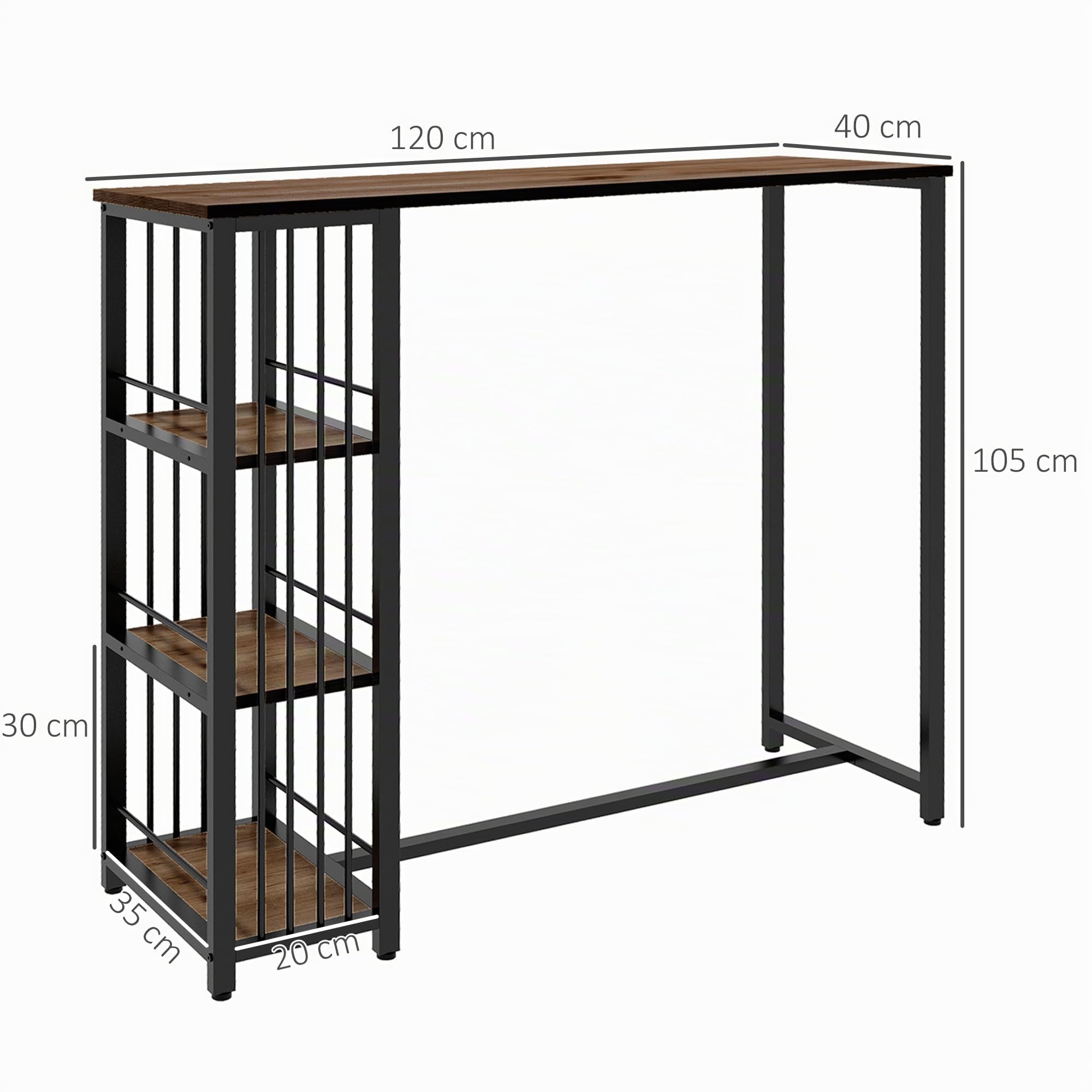 HOMCOM Mesa Alta Cocina Bar para 2 Personas 120x40x105 cm Marrón y Negro | Con 3 Estantes, Mesa Alta Bar Rectangular, Patas de Acero, para Salón, Comedor