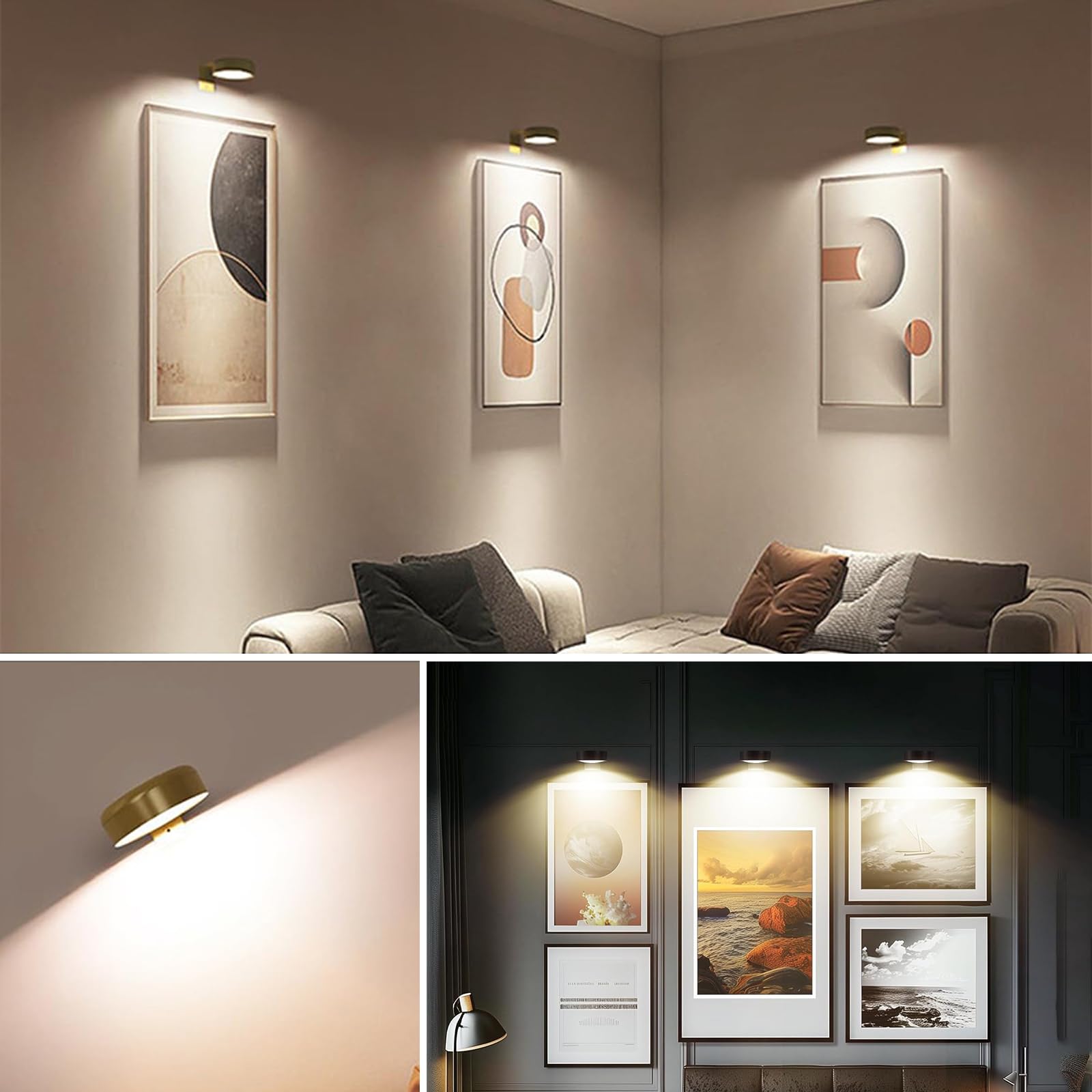 Lot de 4 lampes pour tableau sans fil avec 3 températures de couleur, lumière d'image avec télécommande, éclairage mural sans fil, minuterie à intensité variable, doré