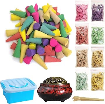 Incense Cones, 8 Mixed 320 Cones Total Cone Incense Scents, and A Ceramic Incense Burner. Natural Scent Cone, for Meditation, Yoga, Purification, and Aromatherapy.