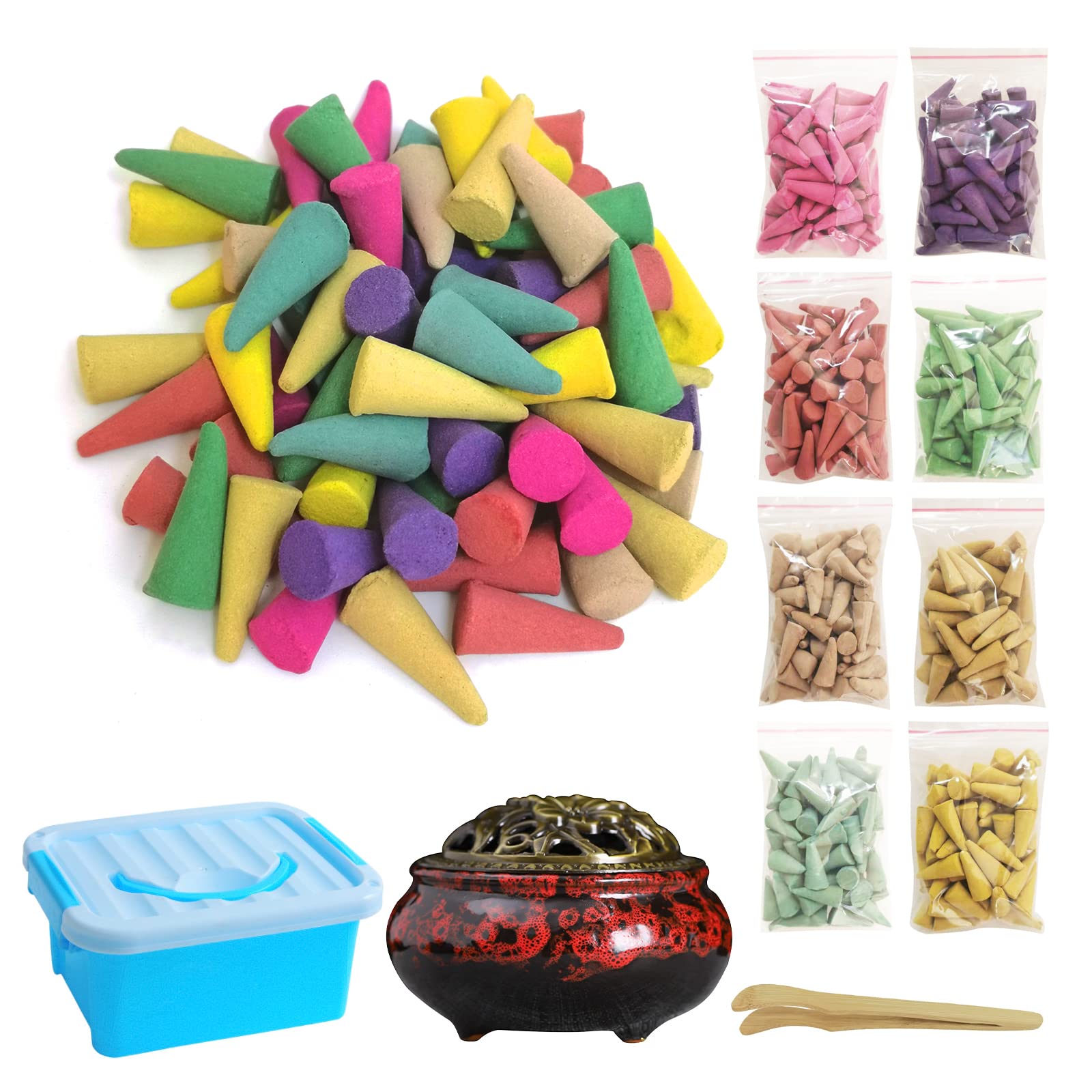 Incense Cones， 8 Mixed (320 Cones Total) Cone Incense Scents, And A Ceramic Incense Burner. Natural Scent Cone， For Meditation, Yoga, Purification, and Aromatherapy.