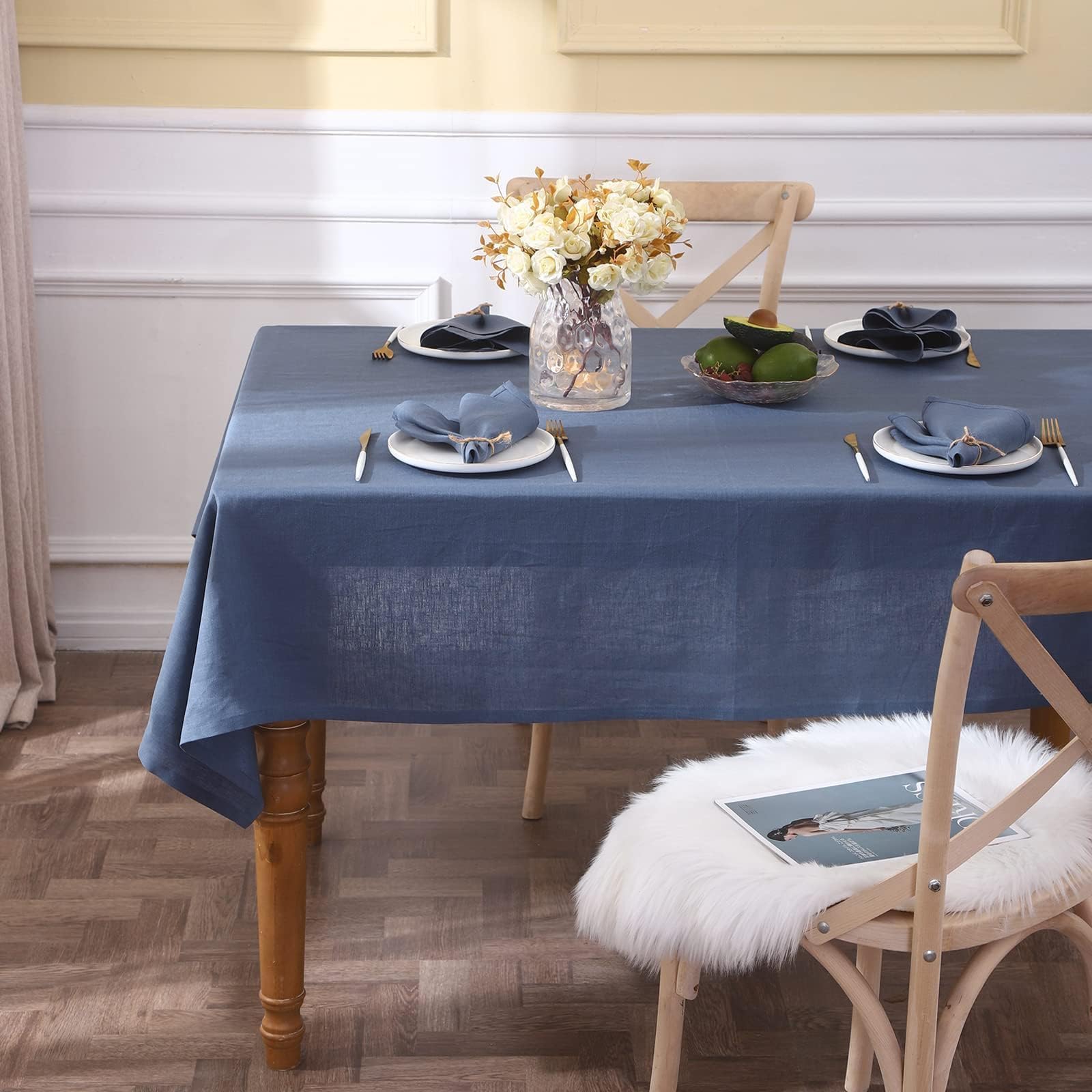 Nappe texturée 100% lin bleu classique pour décoration de table intérieur extérieur