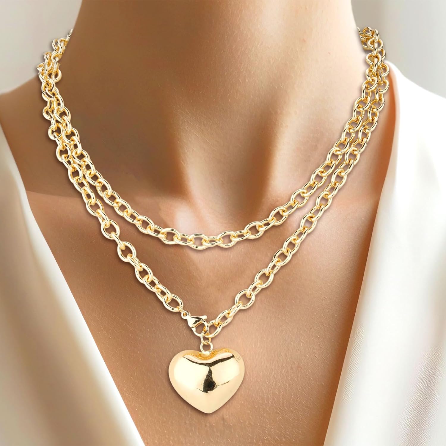 Puffy Heart Necklace for Women, Gold Chunky Necklace Trendy Long Chain Necklace with Heart Pendant Statement Jewelry Gift for Birthday Valentines Anniversary - Image 5