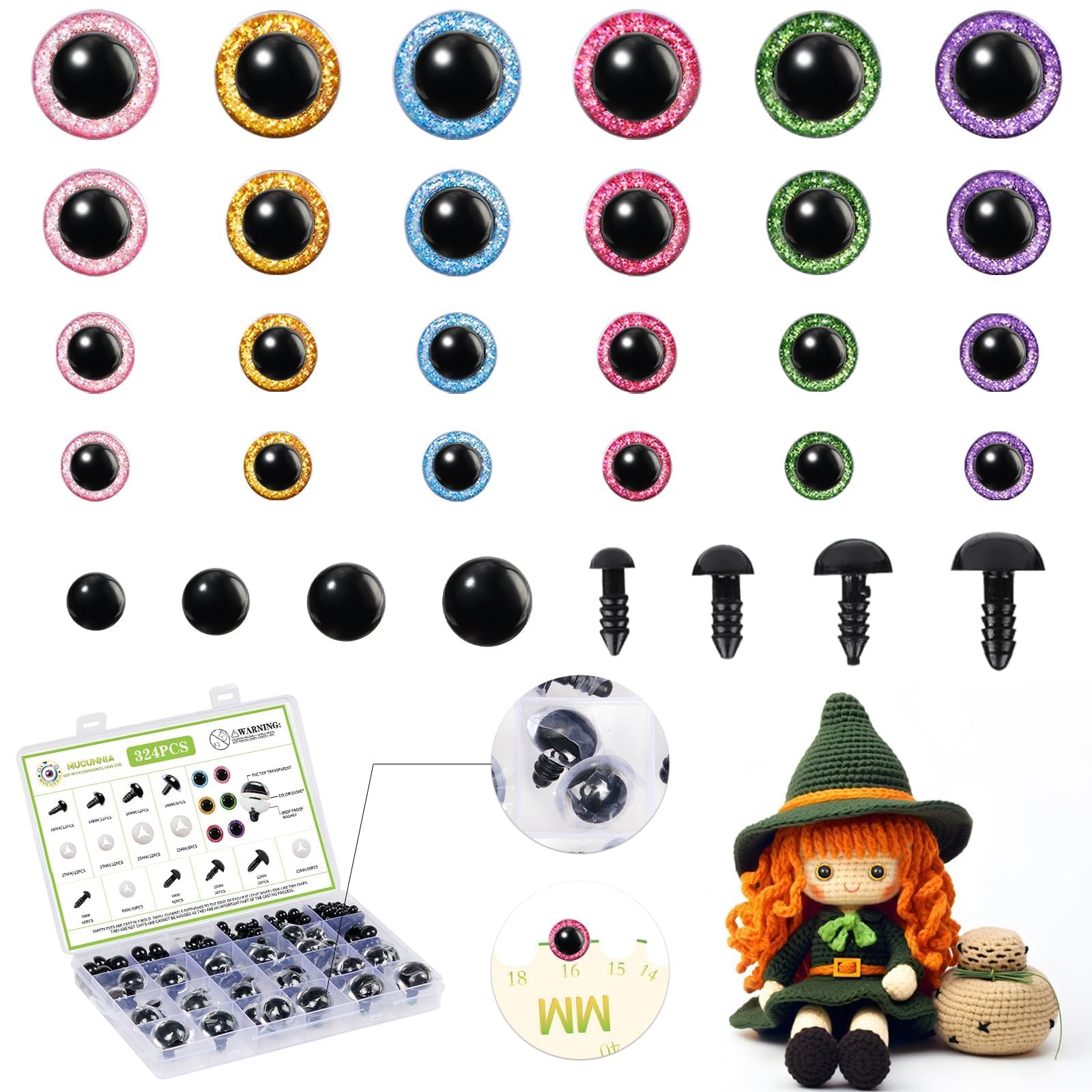 Yeux De Sécurité 3D Pour Amigurumi MUCUNNIA - Lot De 180 Pièces 12-30mm, 6 Couleurs, Avec Rondelles