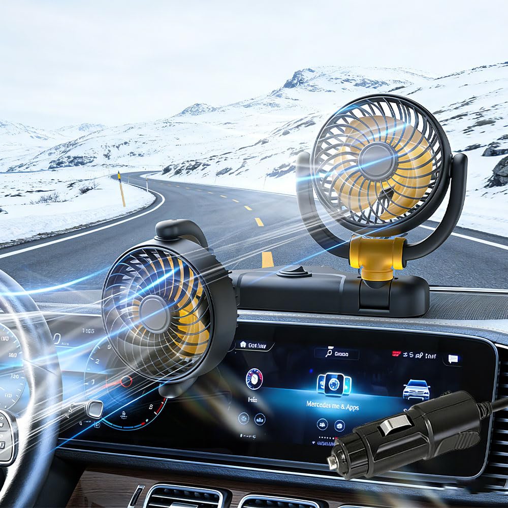 Ventilatore per auto, 12 V, doppia testa, portatile, rotazione a 360°, silenzioso, a 2 velocità, con presa accendisigari, per camion, SUV, camper