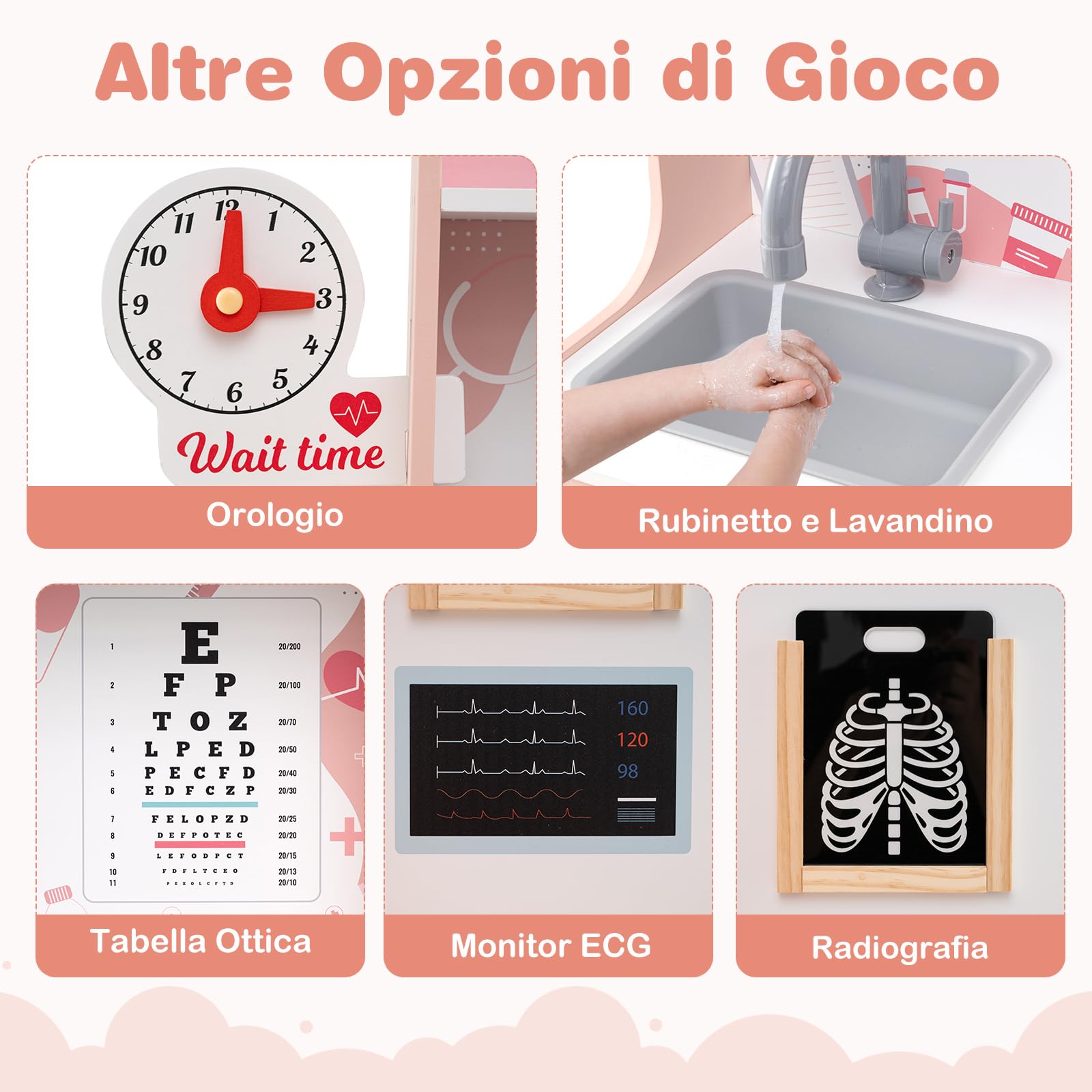 COSTWAY Set da Gioco Dottore in Legno, Centro Medico per Bambini con Orologio, Lavandino, Tabella Oculistica, Monitor ECG, Area Esame e 24 Accessori Giocattolo, 97 × 30,5 × 88 cm (Rosa)