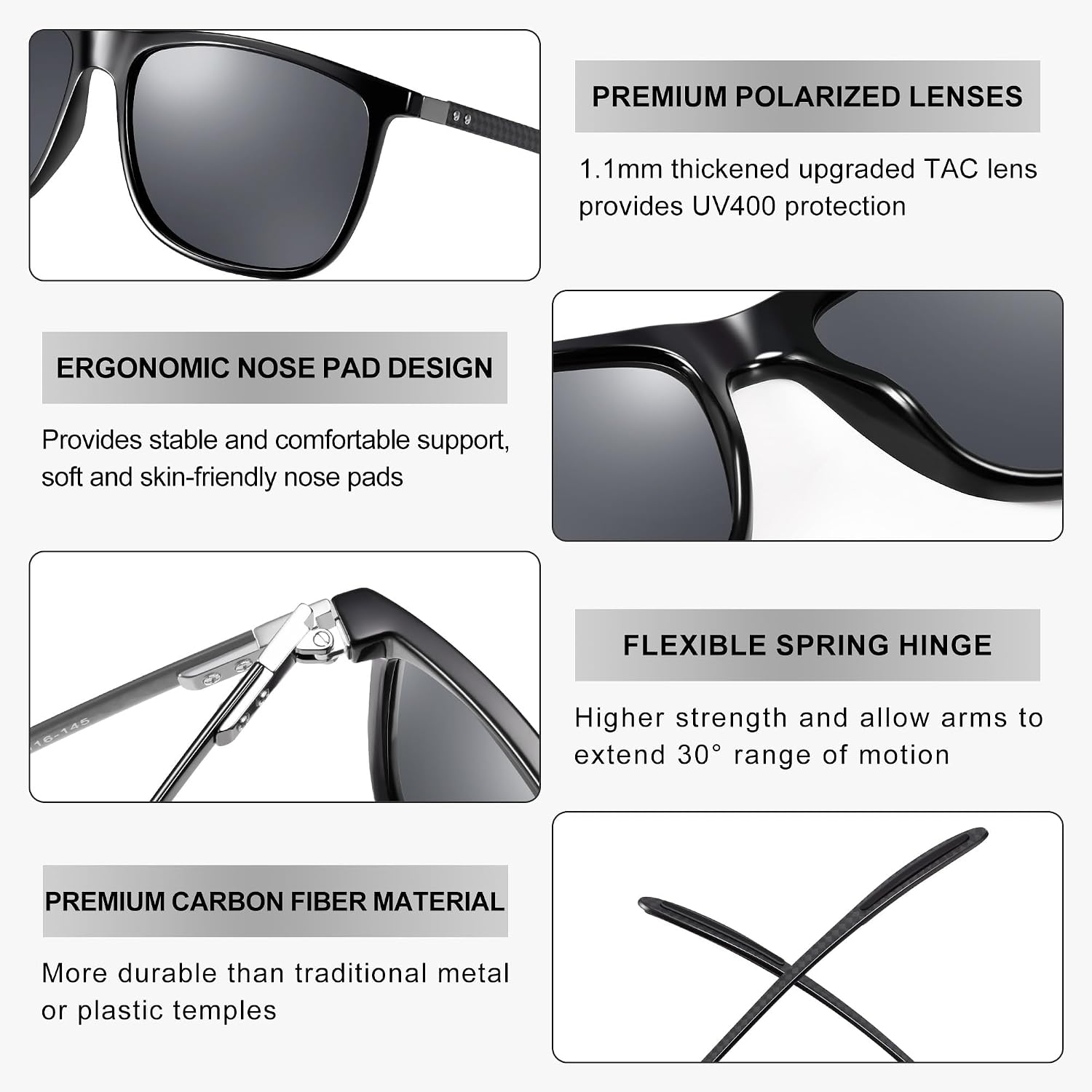 URUMQI Polarized Square Sunglasses for Men Women, UV400 Sunglasses Ultralight Carbon Fiber Temple for Driving Fishing Golf