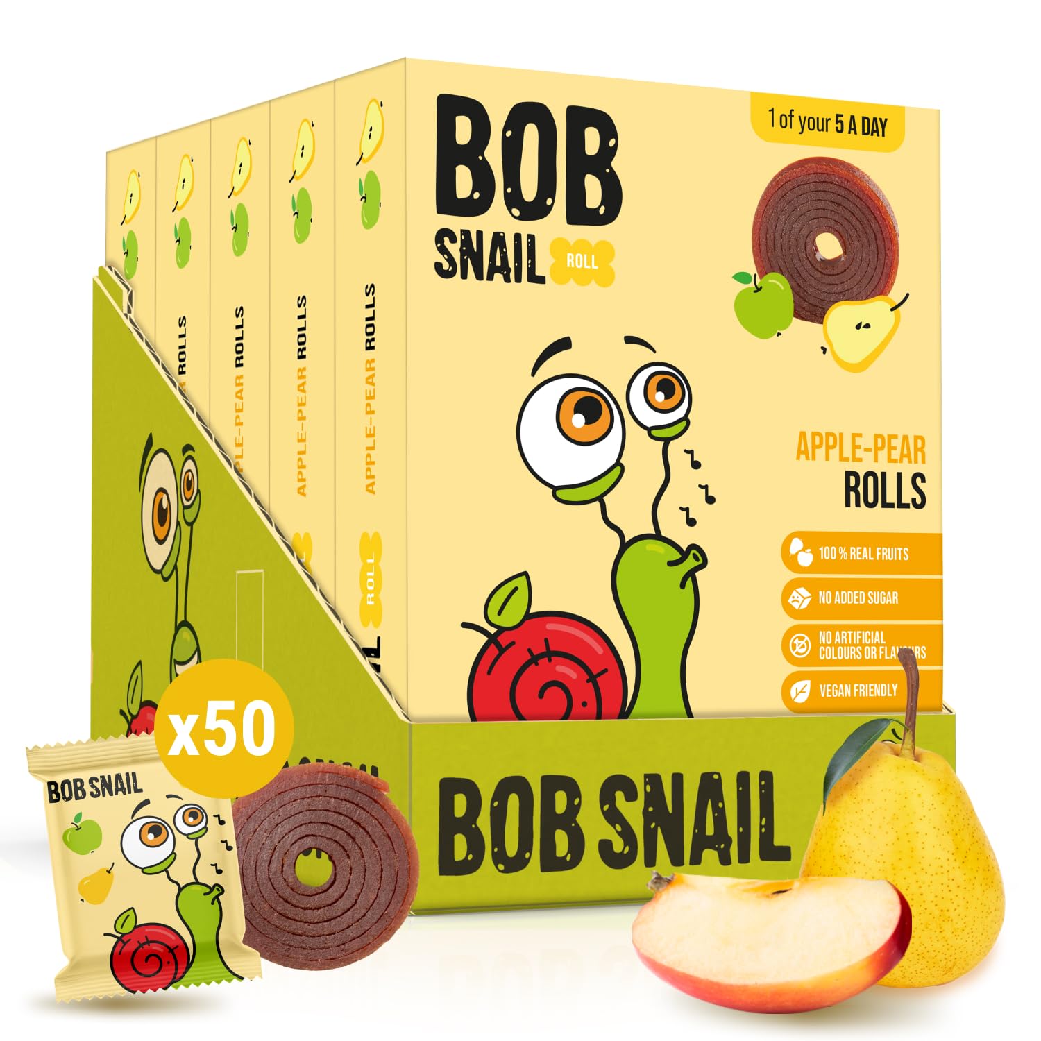 Bob Snail Fruit Roll Ups – Healthy Sweets Snacks, Real Dried Fruits, No Added Sugar, Vegan, Nut Free, Candy for Adults and Kids with Pear – Bulk 50 pcs Rolls, 500g