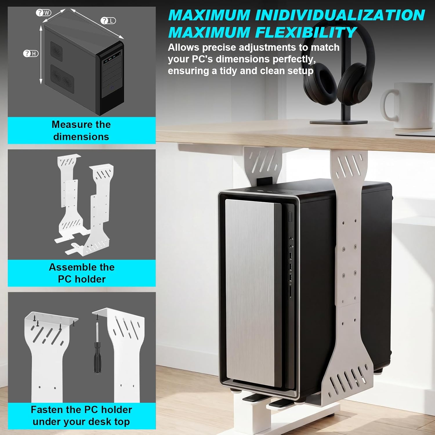 Heavy Duty Adjustable Under Desk PC Holder 7.5 to 12 Inch Wide, Supports up to 80 Lbs Load Capacity, Under Desk PC Mount, Wall Mount Space Saving Computer Case Tower Holder-White