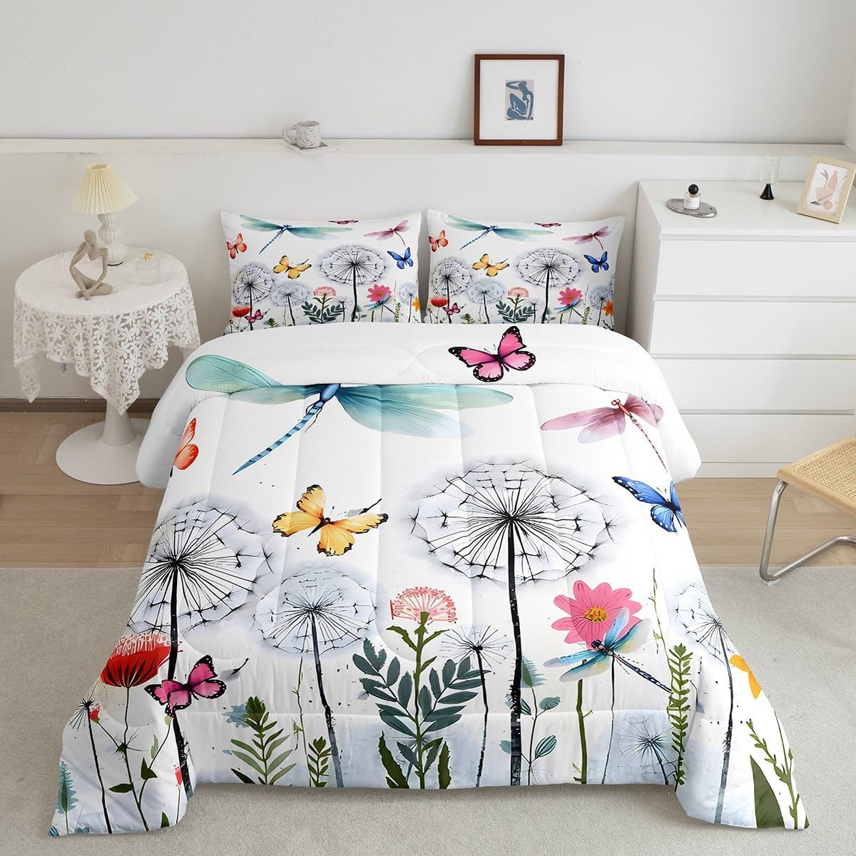 Feelyou Dragonfly Comforter Set King Dandelion Bedding Set for Kids Pretty Butterfly Comforter Women Men Teens Ultra Soft Decor Colorful Quilt Set