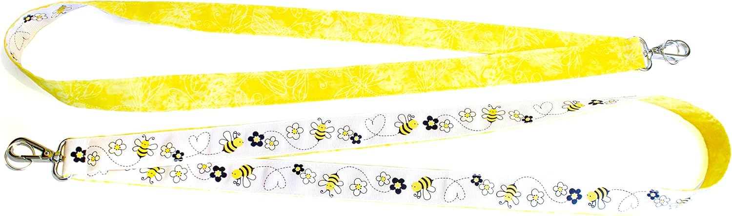 Happy Bees Reversible Lanyard - Bee Neck Strap - Yellow ID Badge Holder - Keychain Gift - 1 x 36 Inch With Swivel Clip - Handmade