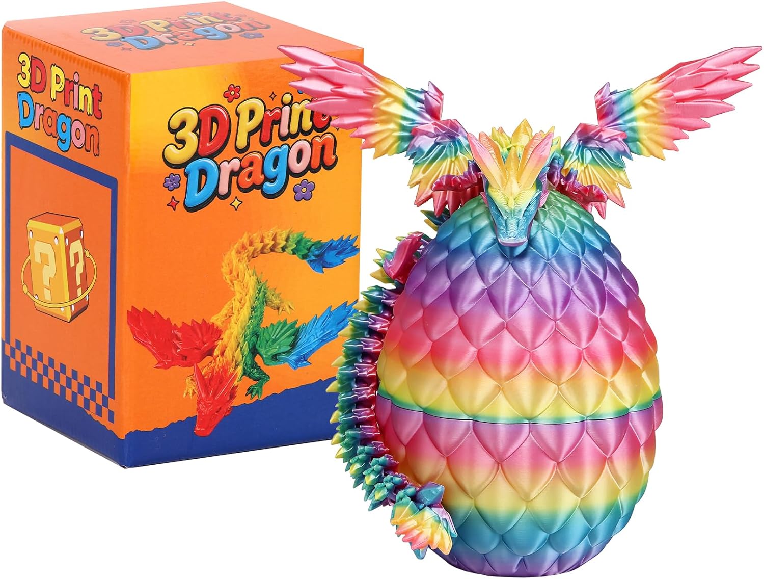 3D Printed Dragon with Wings and Eggs: Flexible Crystal Dragon Toy for Desk Decor, Sensory Fidget Toy for Kids & Adults, Unique Easter Basket Stuffers& Birthday Gift（Rainbow）