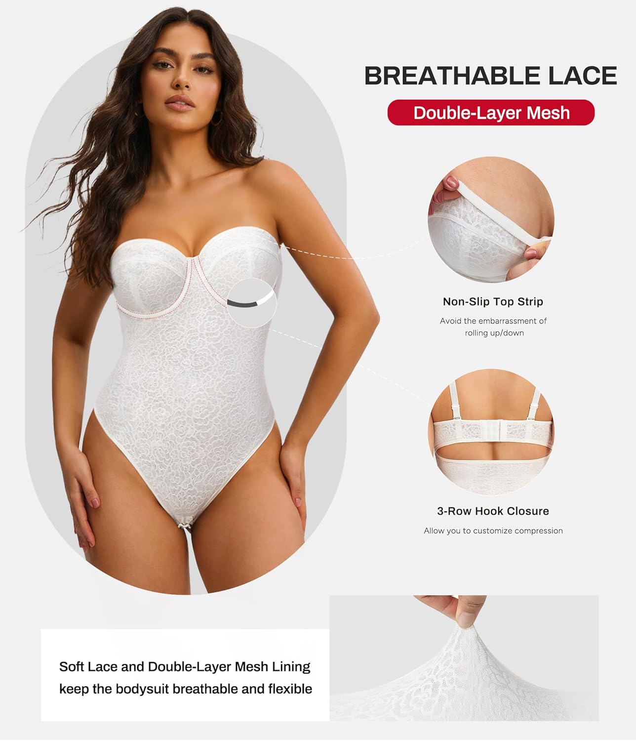 Nebility Strapless Shapewear Bodysuit for Women - Thong Body Suits Tummy Control Body Shaper Underwire Lace Corset Tube Top