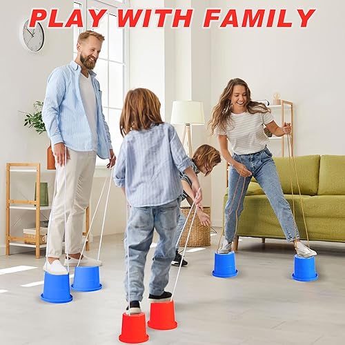 Miniatura 5 de Meooeck 2 pares de zancos para caminar, cubo de equilibrio, zancos de plástico grueso con cuerda ajustable para coordinación de equilibrio de niños,