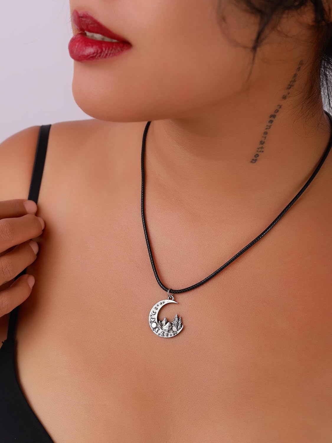 HAQUIL Moon Phase Necklace Necklace, Crescent Moon Mountain Pendant, Faux Leather Cord, Jewelry Gift for Men and Women - Image 6