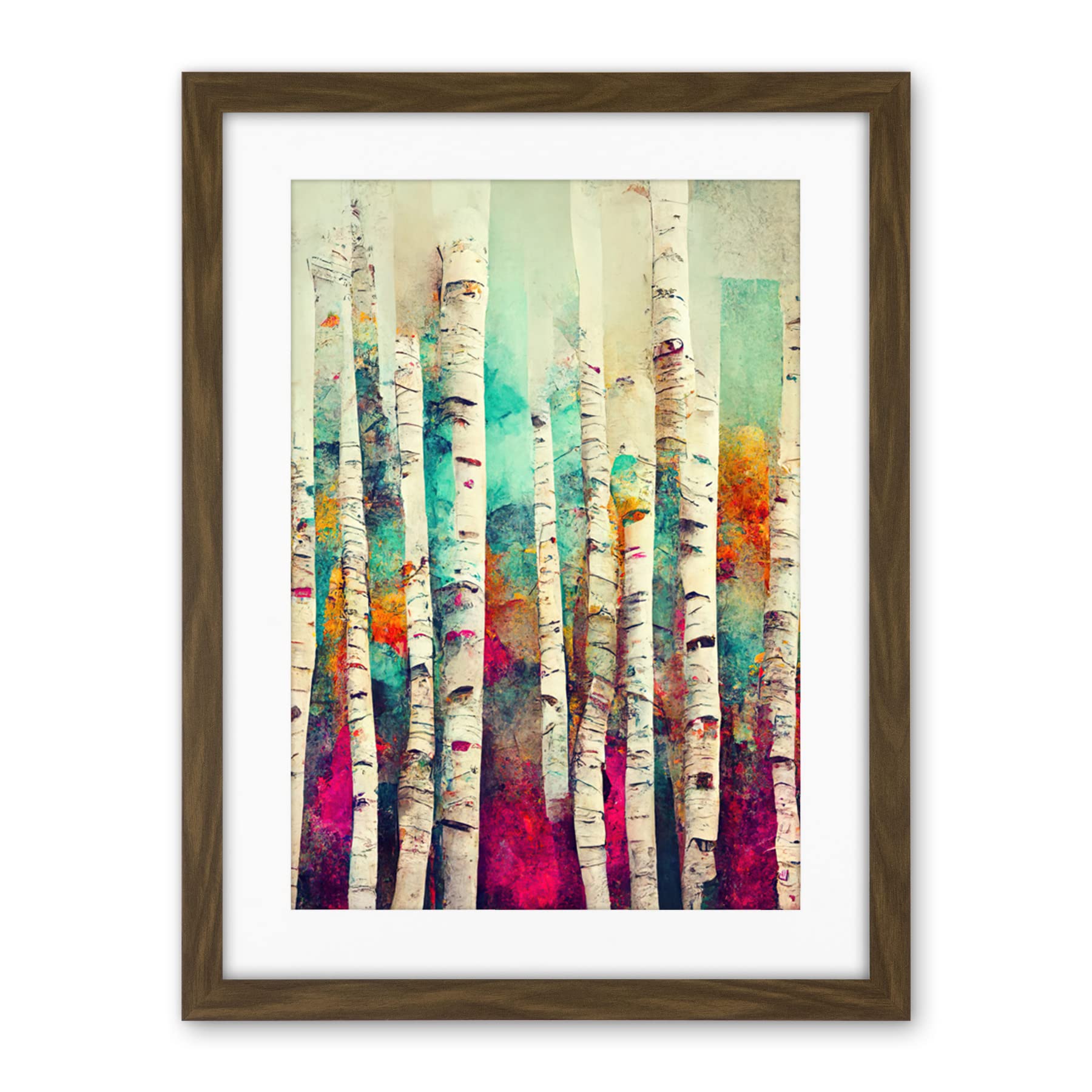 Wee Blue Coo Abstract Multi Coloured Birch Tree Forest Vibrant Colourful Oil Painting Artwork Framed Wall Art Print 18X24 Inch