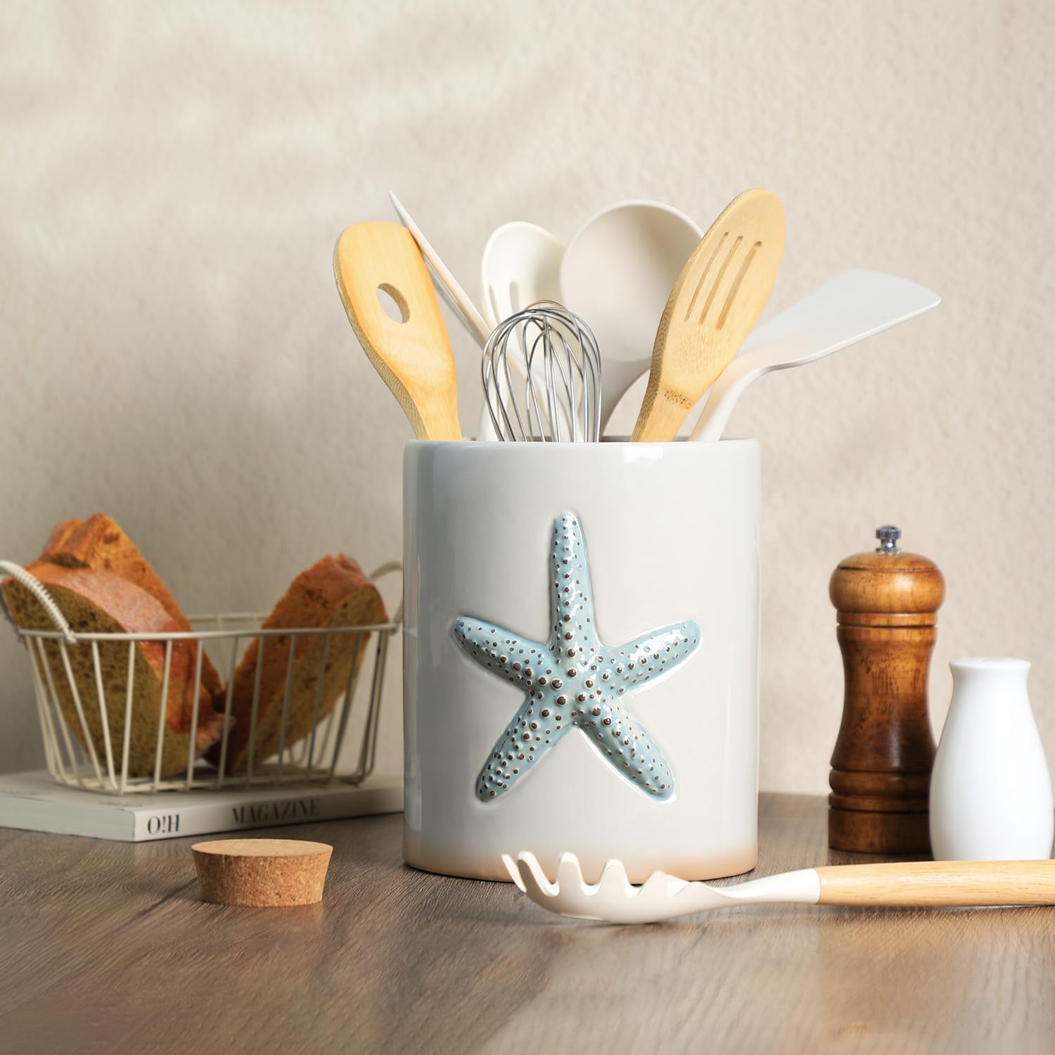 Ceramic Starfish Embossed Utensil Holder, Large Cooking Utensil Crocks for Countertop, Ocean Style Utensil Organizer for Spatula