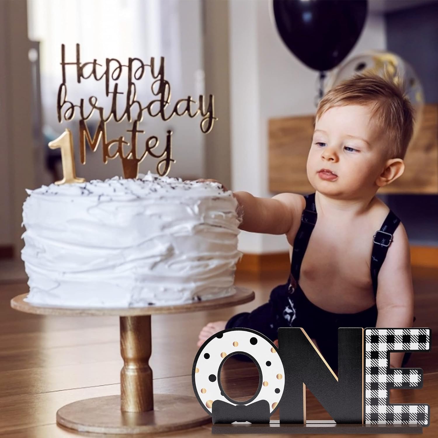 Mr. Onederful ONE Letter Sign Wooden Table Centerpiece for Baby Boys Little Man 1st Birthday Party Decorations Black White and Gold Checkered Bow Tie Table Decor Baby Shower Cake Smash Props