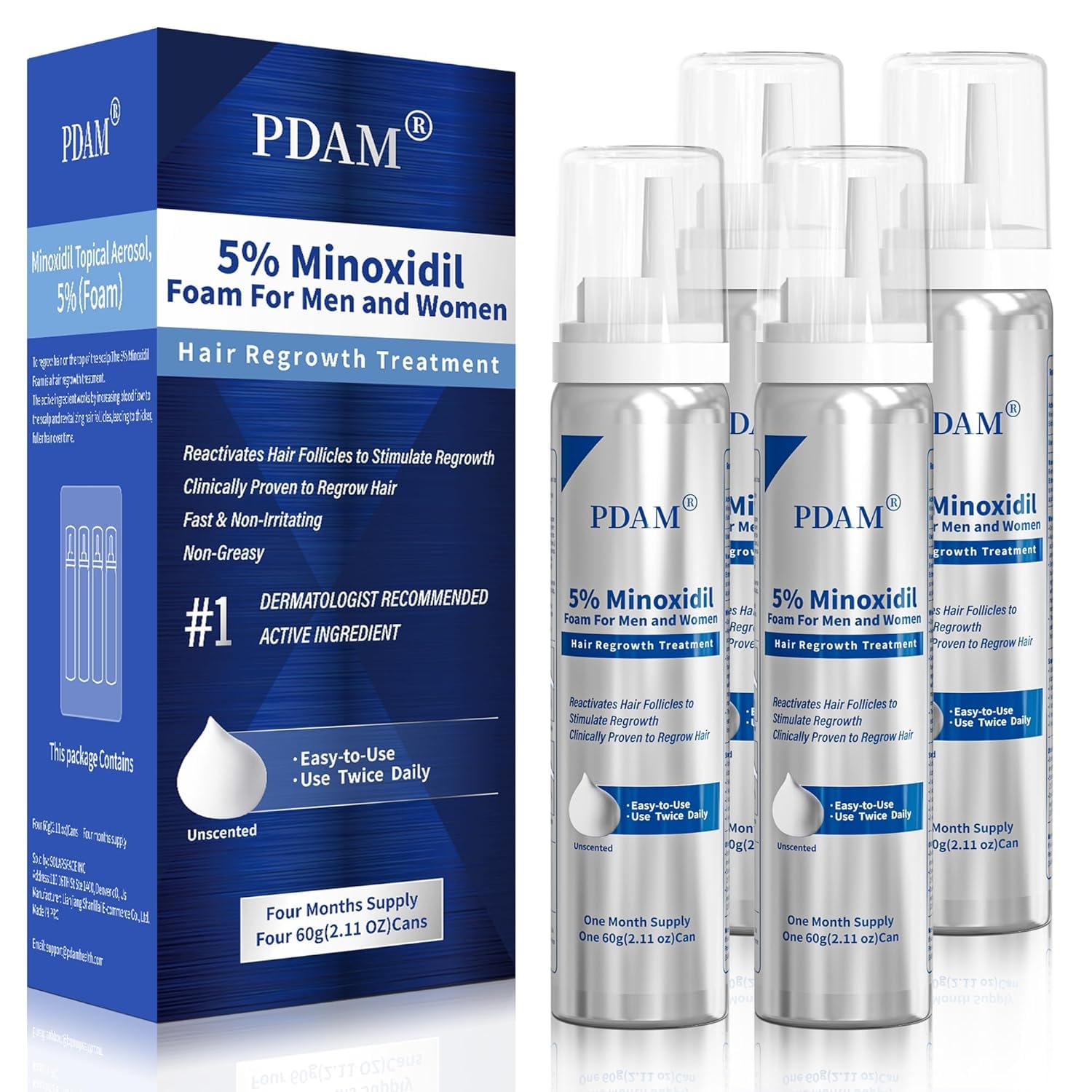 PDAM 5% Minoxidil for Men and Women Foam –Effective to Regrow Thinning Hair, Rapid Hair Regrowth Treatment 4 Month Supply (4 x 2.11 oz) 2.11 Ounce (Pack of 1) 2.11 Ounce (Pack of 1)