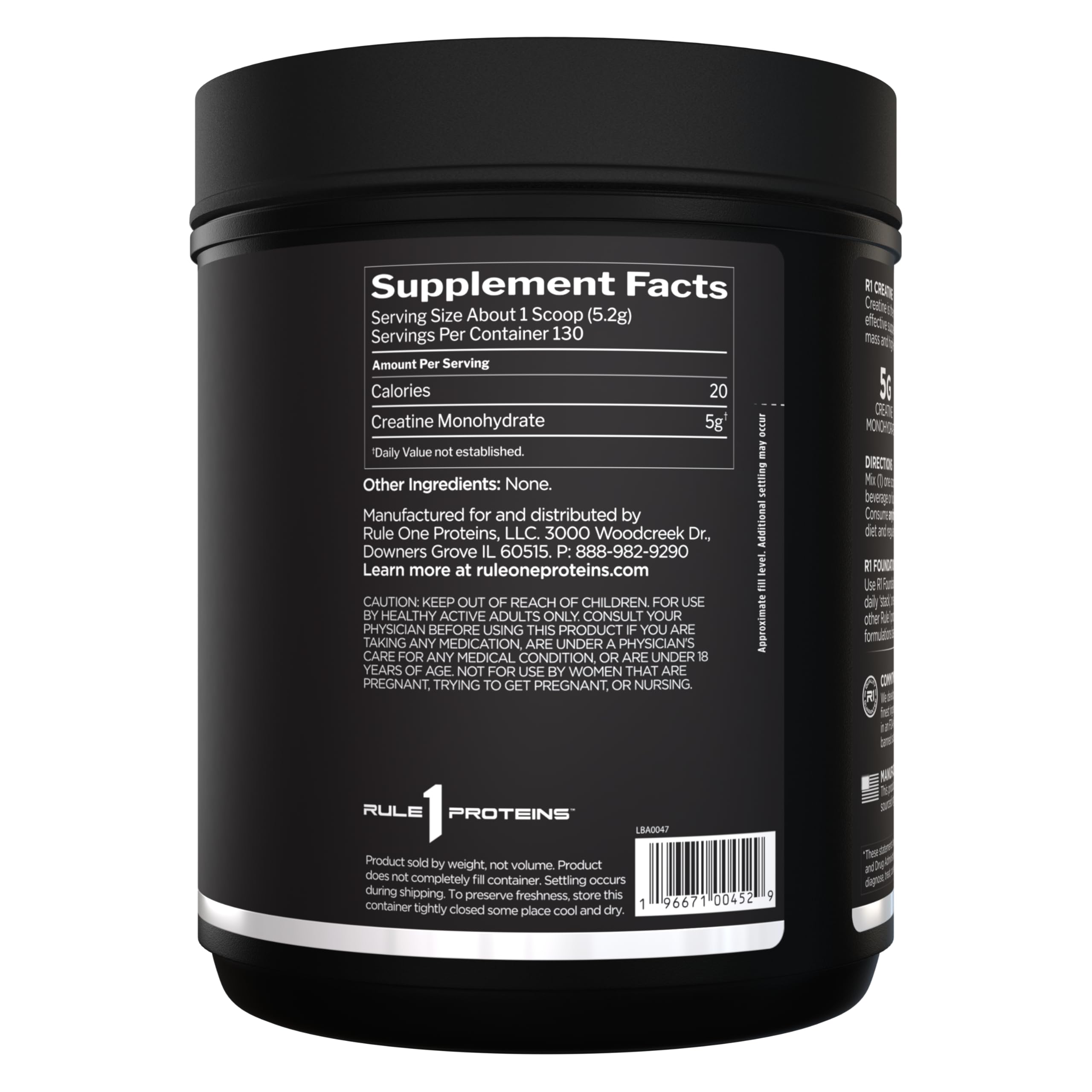 Rule 1 Creatine Powder – Pure Micronized Creatine Monohydrate for High-Intensity Exercise and Lean Body Mass Support, Flavored and Unflavored (130 Servings, Unflavored)