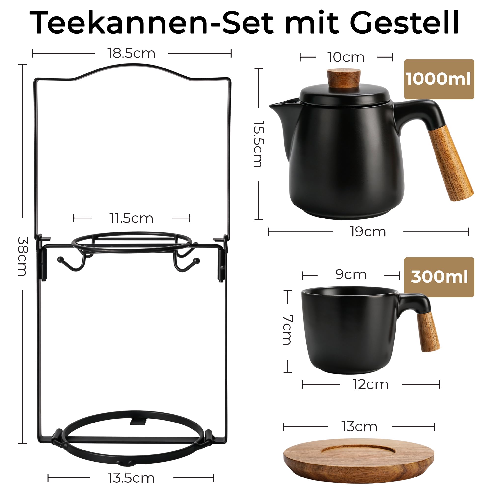 MIAMIO - Teeservice mit Teekanne (1 l), 4 Tassen & Ständer (Schwarz) | Teekanne Keramik mit Teetassen, Siebeinsatz & Bambus-Untersetzer / Henkel für Haus und Büro