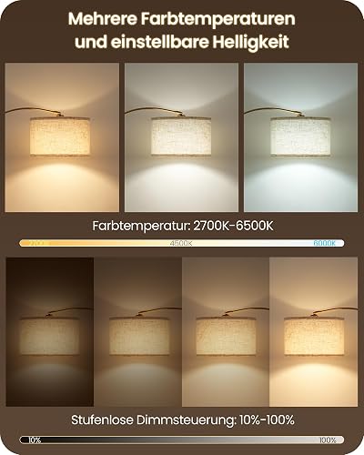 GOEBLESON Lampadaire de salon arc, lampe arquée réglable en hauteur de 158 à 188 cm, lampadaire à intensité variable avec télécommande, avec ampoule LED, beige noir, pour chambre à coucher - 3
