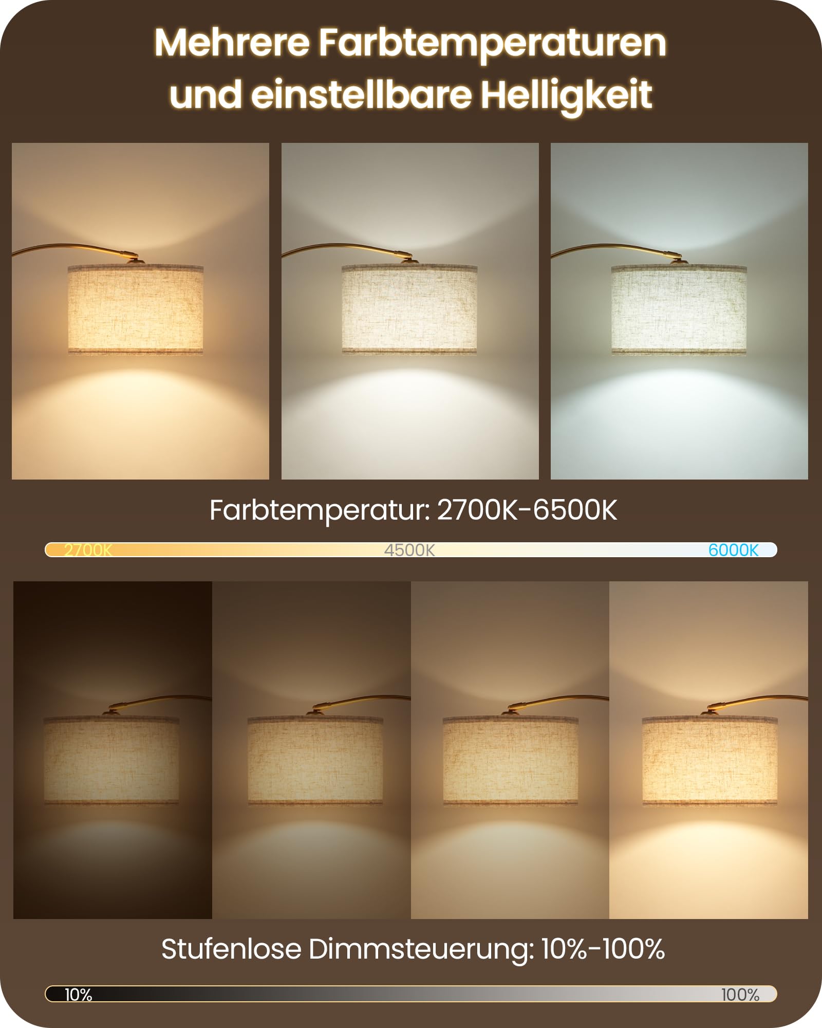 Lámpara de Pie Arco, Altura Ajustable 158-188cm, con Bombilla LED y Mando, Tegulación Continua de Brillo y 3CCT, Luz Direccional con Cabezal Orientable y Base Pesada, Beige y Oro