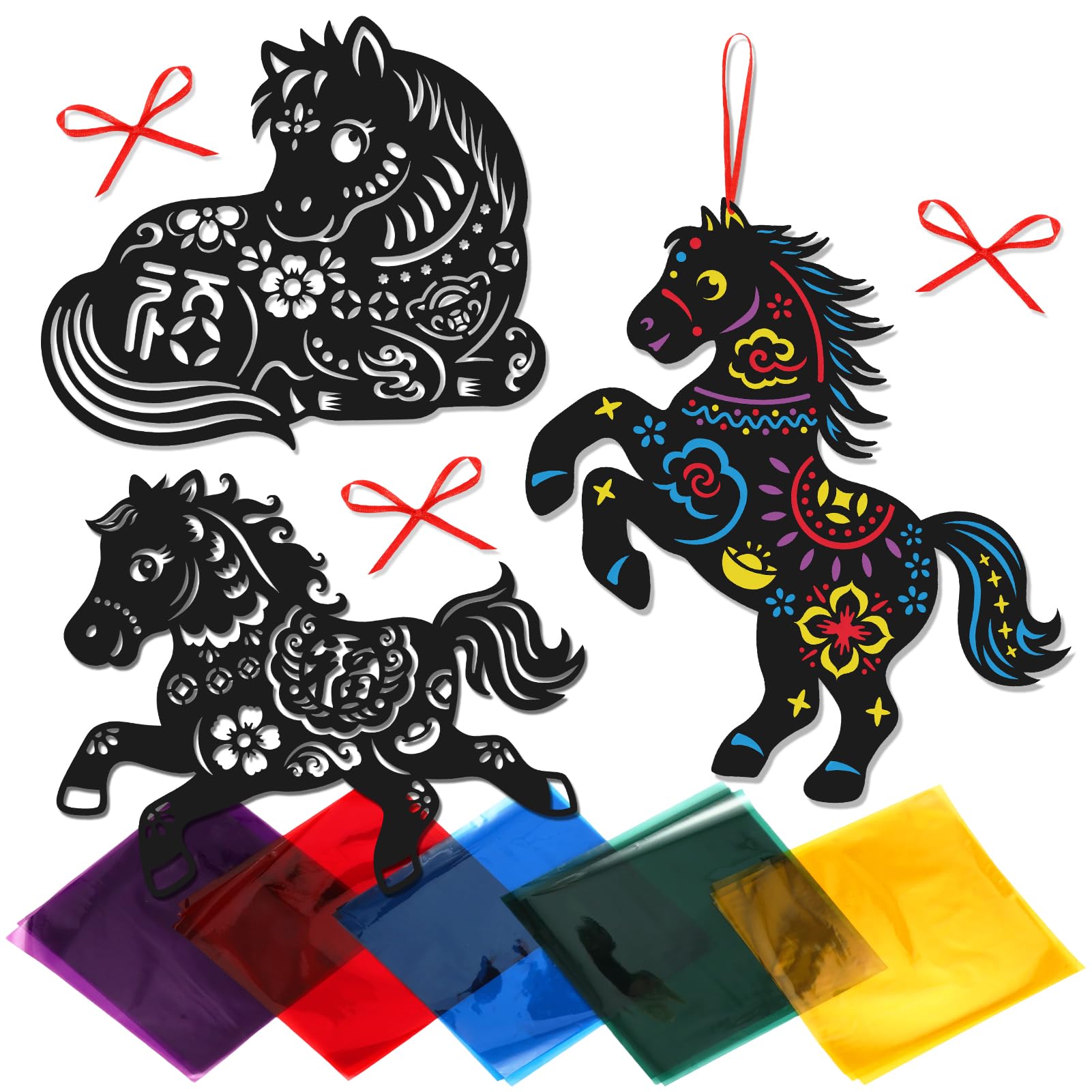 JSRQT Chinese New Year Decorations Year of The Horse 2026 Chinese New Crafts for Kids Lunar Stickers Horse Decorations Pack of 3 Arts Crafts Stained Glass Decoration
