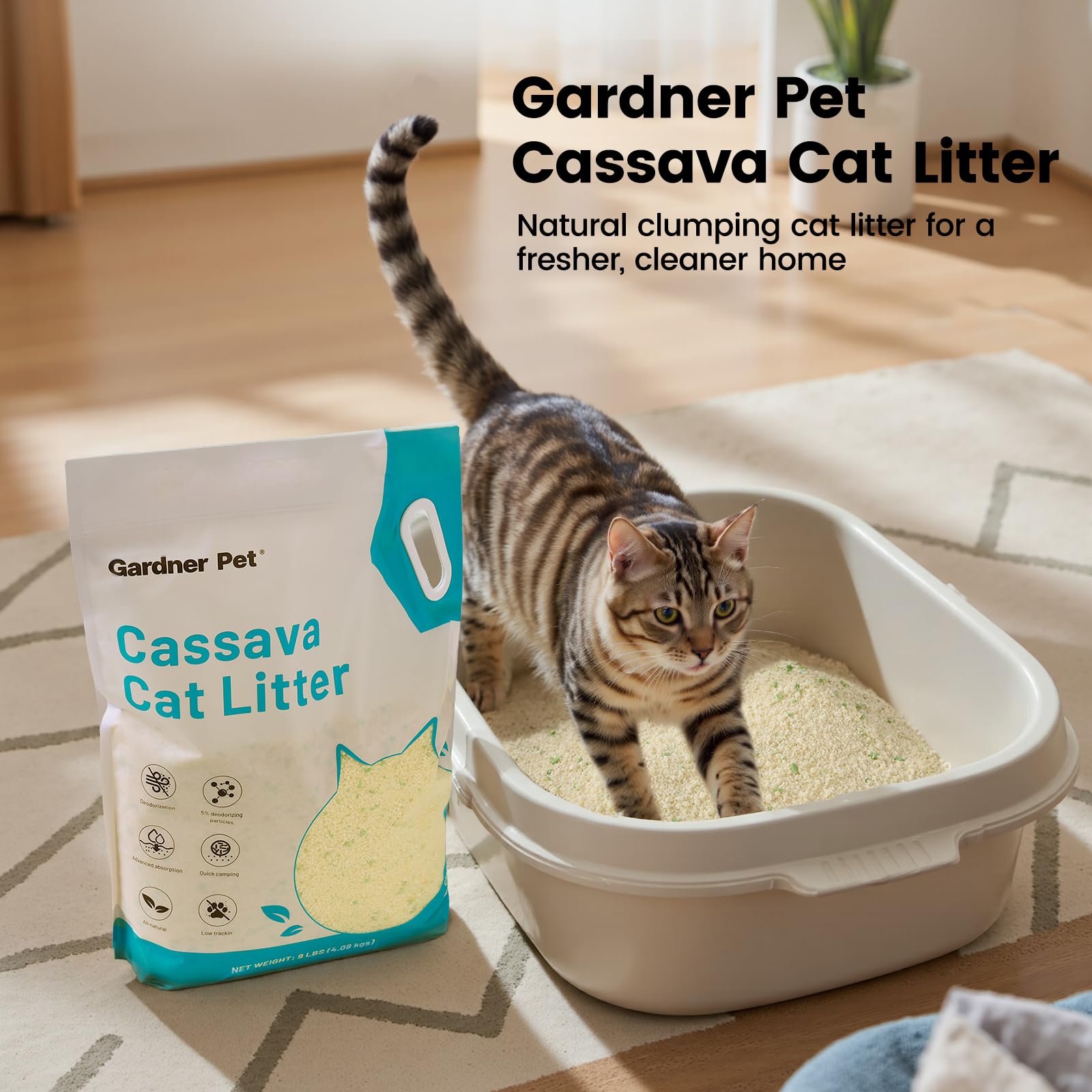 Gardner Pet Żwirek do kuwety z kasawi, Żwirek do kuwety z tapioki, kontrola zapachu | Niskopyłkowy | Naturalny skupiający się żwirek | Szybkie wchłanianie i niska śladowość żwirku dla kotów, bez