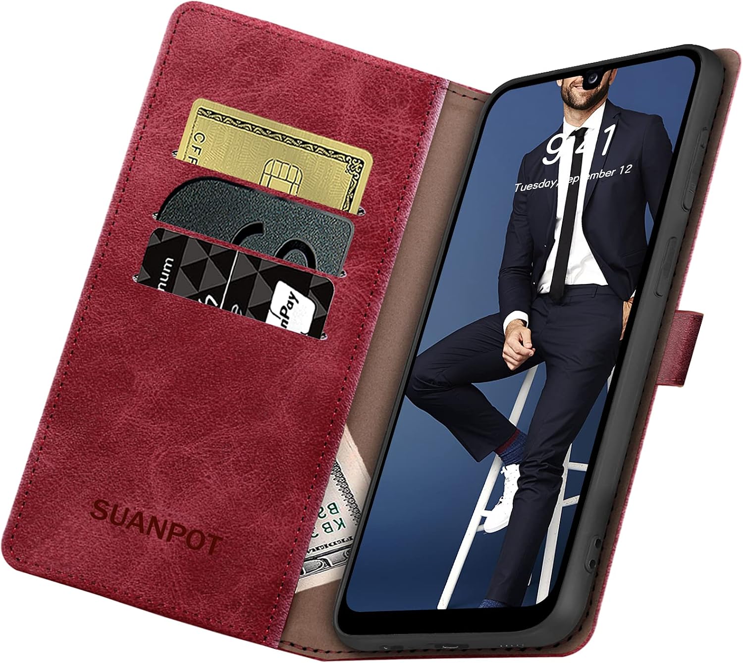 SUANPOT for Samsung Galaxy A50/A50S/A30S with RFID Blocking Leather Wallet case Credit Card Holder, Flip Folio Book Phone case Shockproof Cover for Women Men for Samsung A50 case Wallet (Red)
