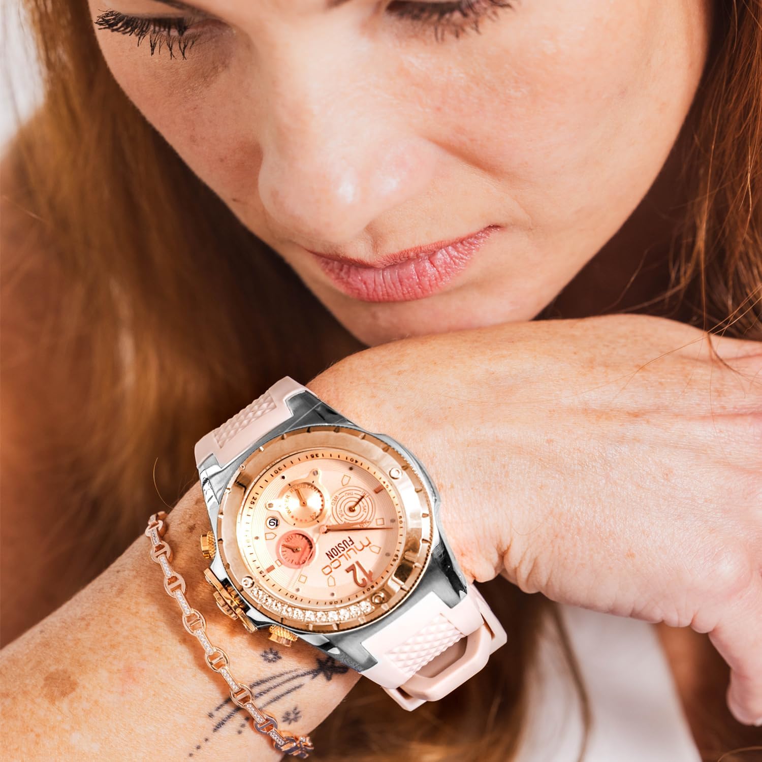 MULCO Watches for Women-Blue Marine, Silver Stainless Steel Case with Silicone Wrist Band, Quartz Multifunction Movement,Large Analog Display, Crystal Stones & Rose Gold Accents, 100m Waterproof