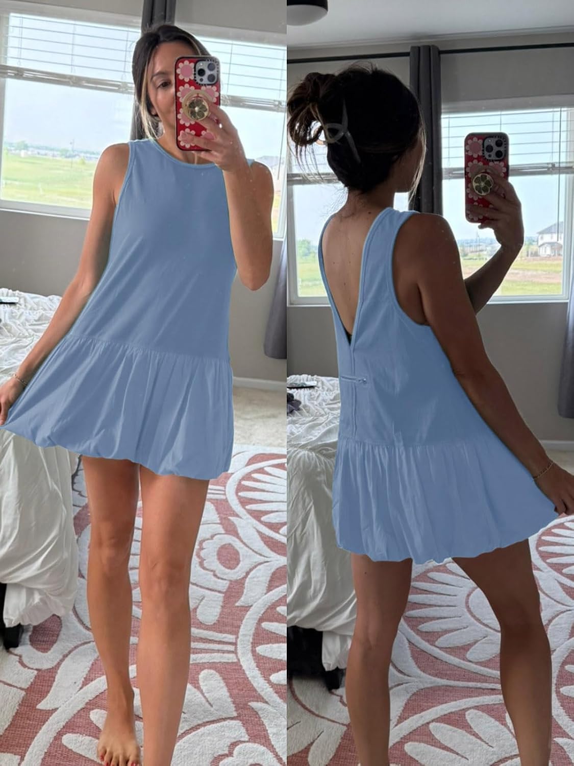 Dokuritu Womens Tennis Dress with Shorts Crewneck Backless Bubble Dresses Sleeveless Casual Golf Workout Dress with Pockets