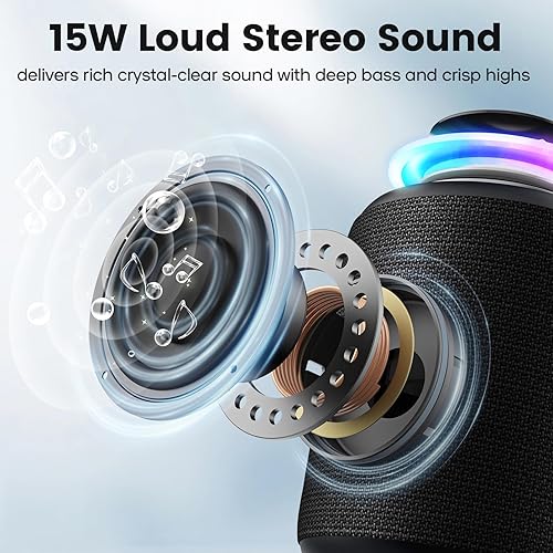 Miniatura 2 de Altavoz Bluetooth inalámbrico, IP67 impermeable y a prueba de polvo altavoz portátil con luces, sonido estéreo fuerte de 15 W, batería de 2500 mAh