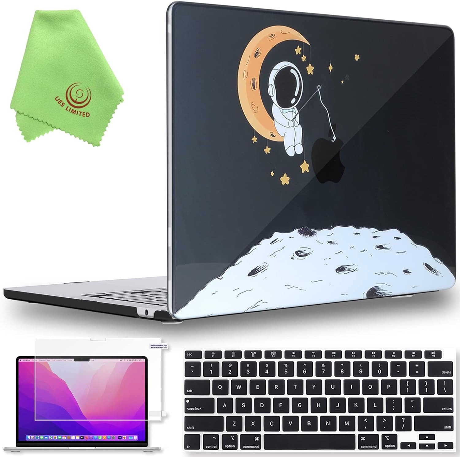 UESWILL 4in1 Compatible with 2022-2025 MacBook Air 13 inch M2 M3 M4 Case A2681 A3113 A3240, Hard Shell Case + Keyboard Cover + Screen Protector + Microfiber Cloth, Astronaut B