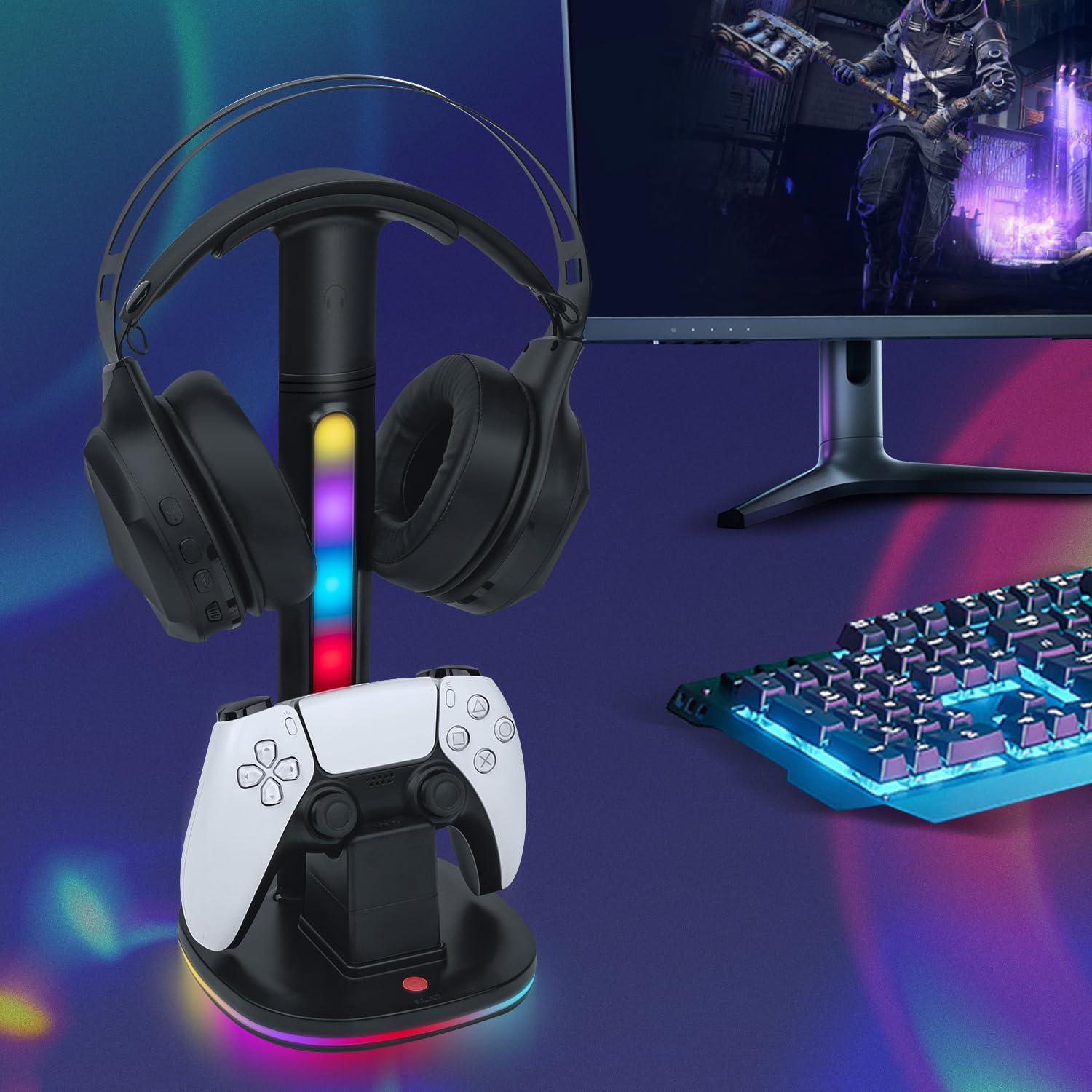 Mcbazel Station de Charge pour Manettes PS5 DualSense, Support pour Casques sans Fil, avec Éclairage RGB Polyvalent, Compatible avec la Console PS5