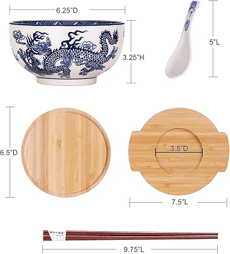 Miniatura 3 de Happy Sales HSKM-DRGNB2, Cuenco Japonés Kamameshi de Fideos de Arroz Ramen Estilo Vintage con Tapa de Bambú, Salvamanteles, Palillos y Juego de