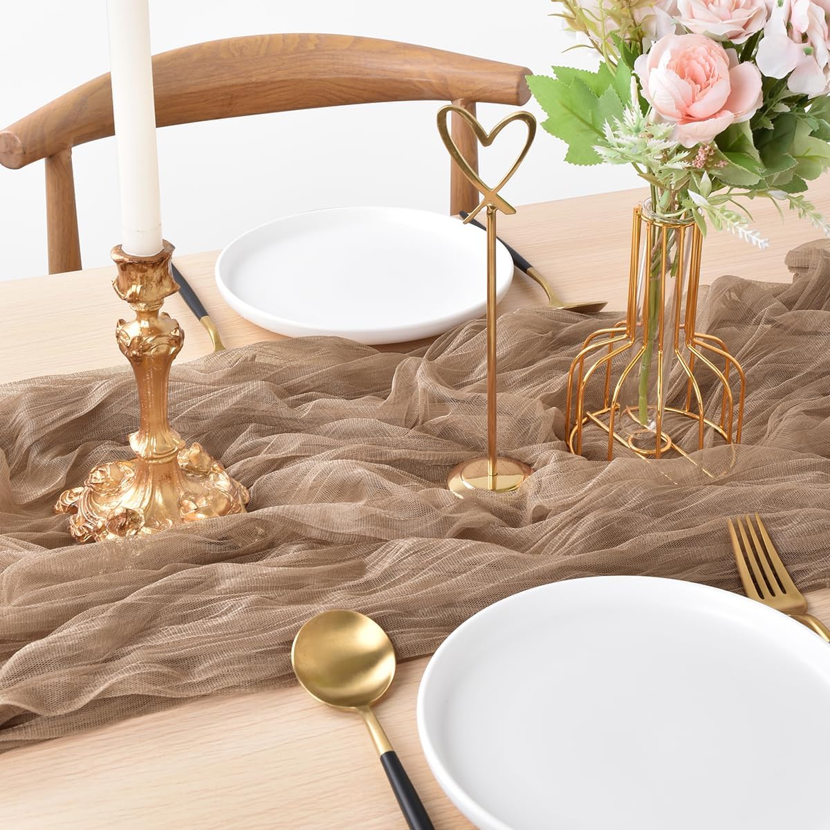 Joanlody Coffee Cheesecloth Table Runner Fall Thanksgiving 10Ft Rustic Gauze Boho Cheese Cloth Table Runner for Wedding Bridal Baby Shower Decoration 6 Pack