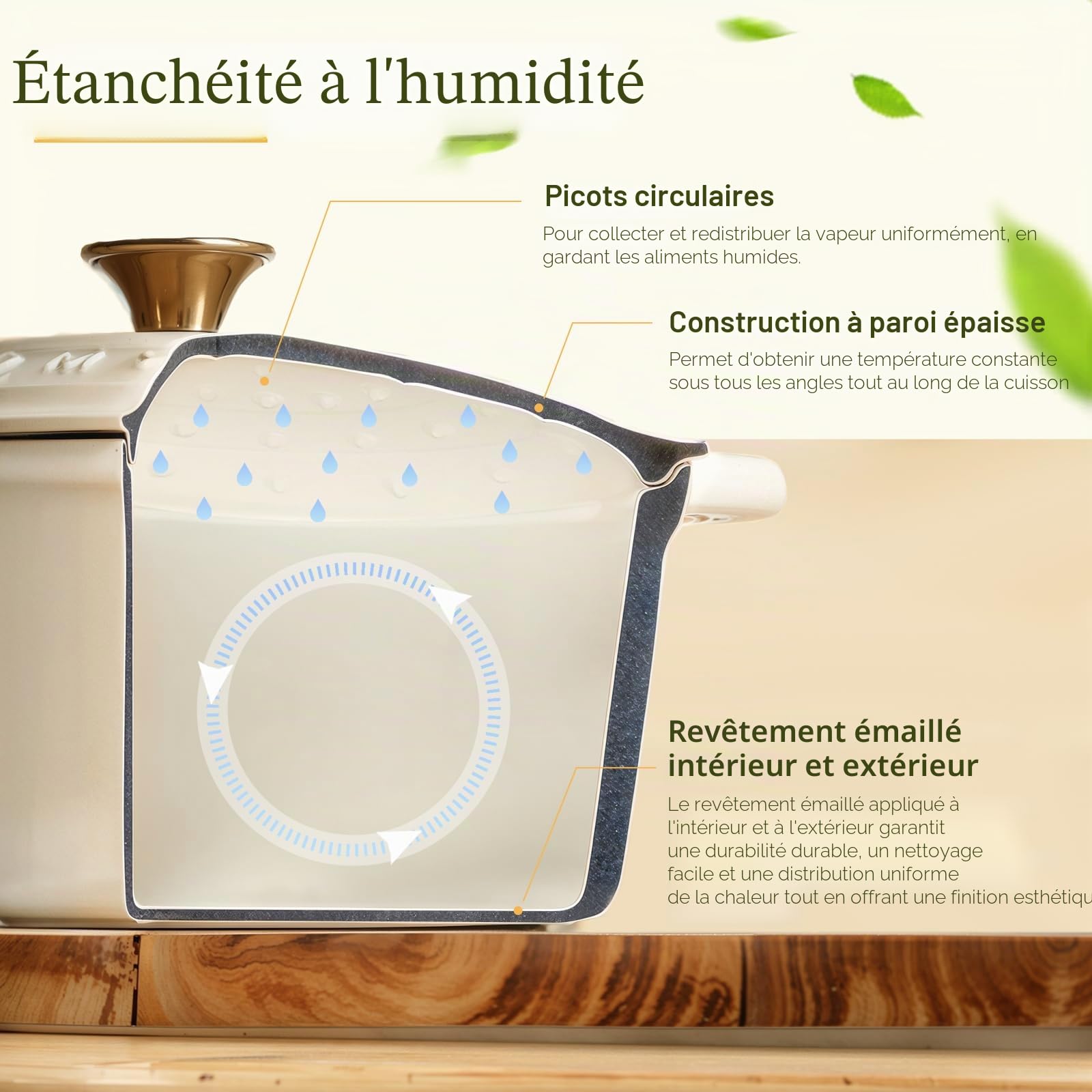 Overmont Cocotte en Fonte Émaillée - Ø28 cm Casserole Antiadhésive Avec Couvercle et Maniques en Coton - Batterie de Cuisine Robuste pour Braiser Ragoûts Rôtir Pain - Blanc crème