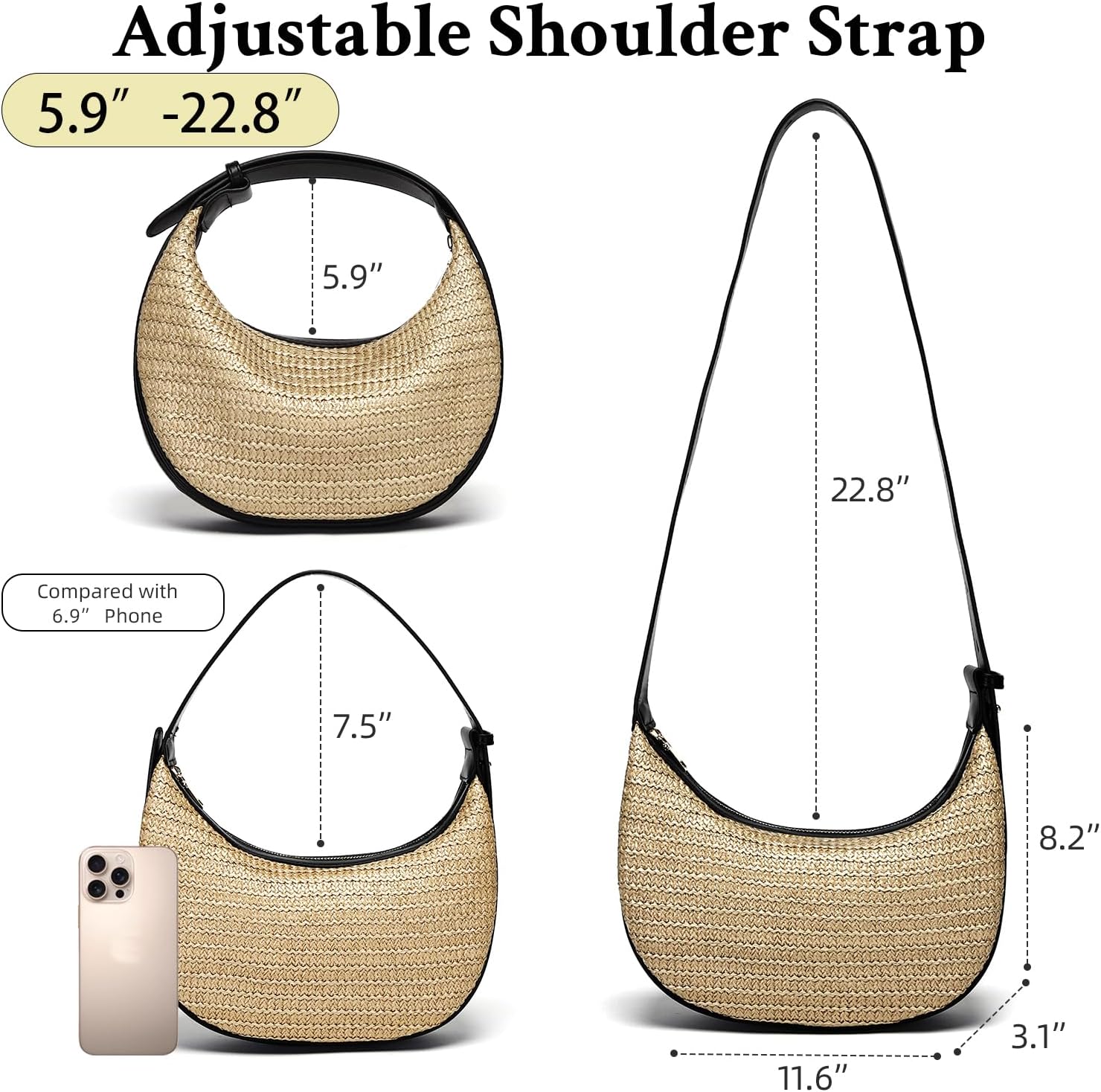 Herald Straw Crossbody Bag for Women Beach Woven Hobo Handbag Summer Chic Crescent Shoulder Purses with Adjustable Strap - Image 5