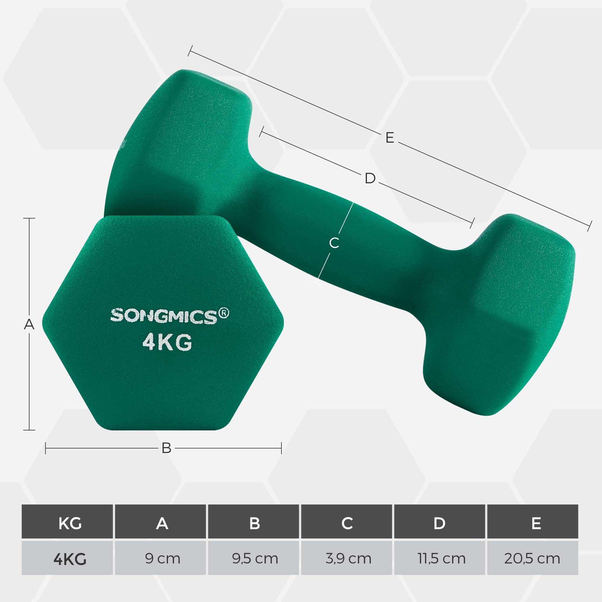 SONGMICS Hantle krótkie, zestaw 4 sztuk, 2 z czego 4 kg, 2 z czego 5 kg, trening siłowy, do domu, biura, studia fitness, czarne i zielone SYL600BK