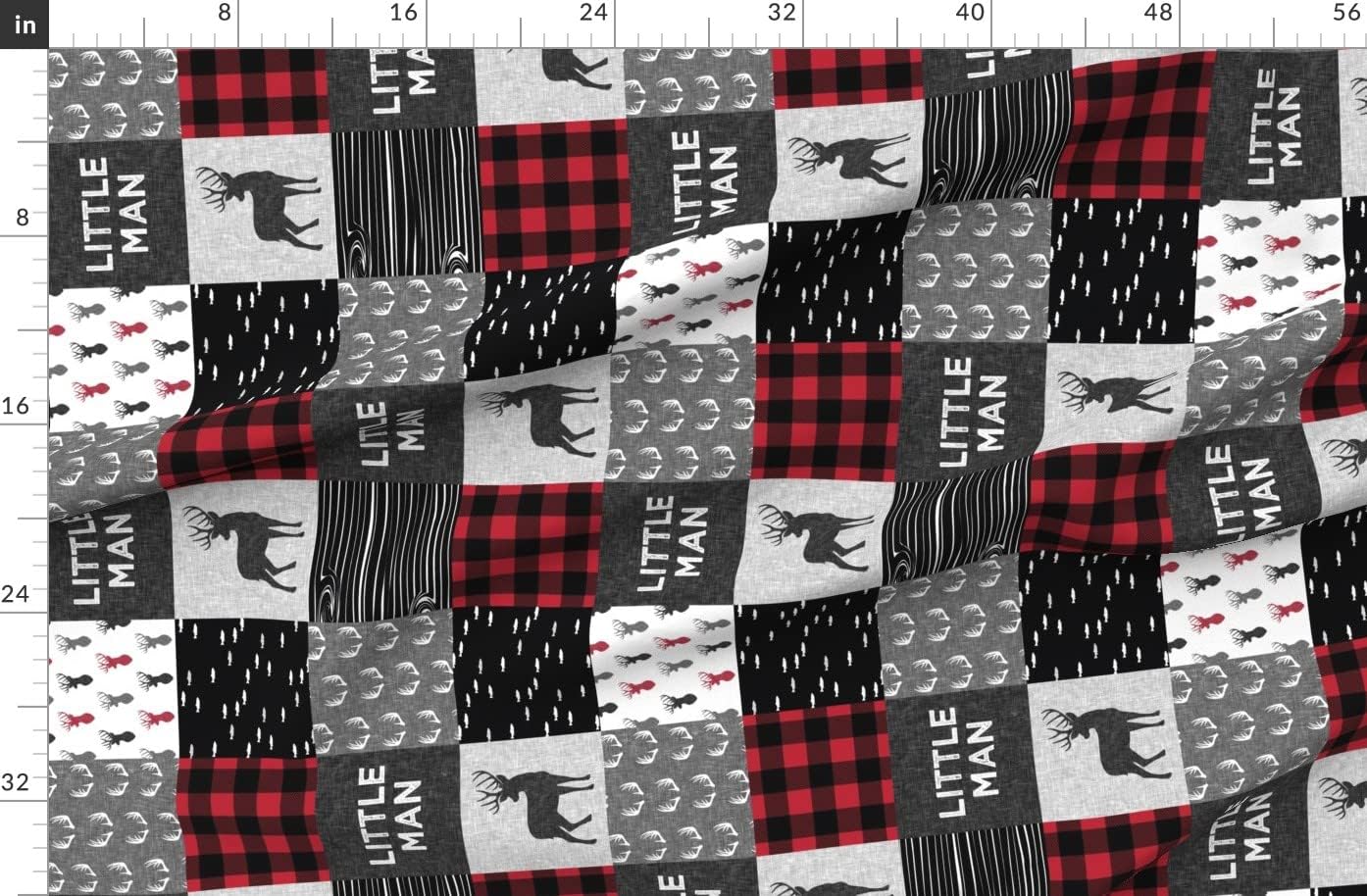 Spoonflower Fabric - Patchwork, Wholecloth, Boy, Woodland, Deer, Buck, Buffalo Plaid, Red Printed on Organic Cotton Sateen Fabric by The Yard - Sewing Quilting Apparel Home Decor