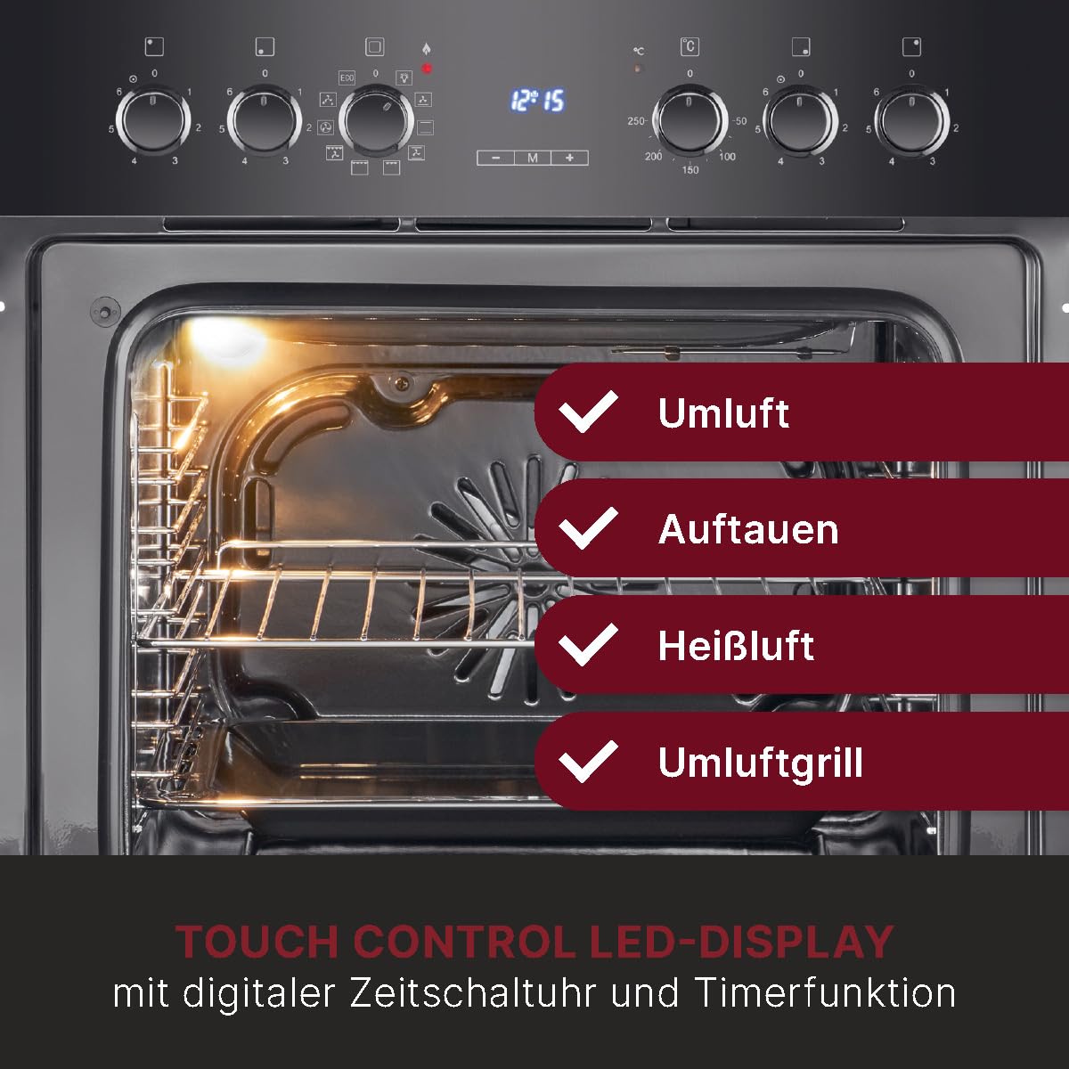 Bomann, Four avec plaque de cuisson à induction, Cuisinière encastrable avec 4 zones de cuisson et 9 fonctions de four, Capacité utile de 56 l, Thermostat réglable séparément, EHBC7937, Noir