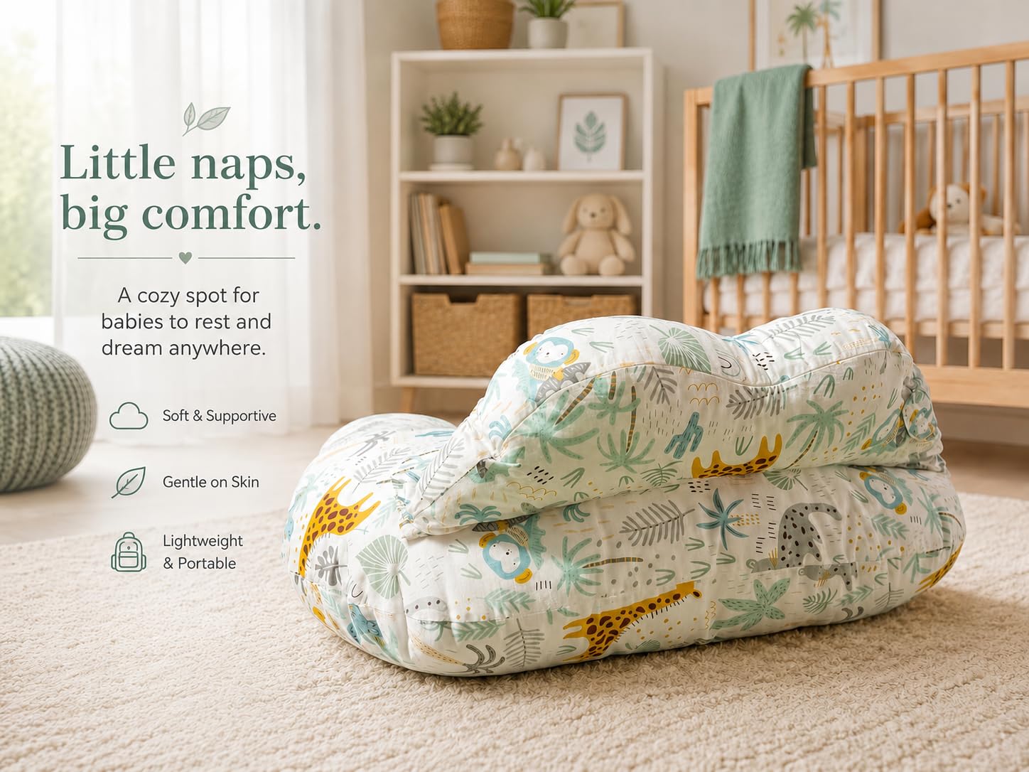 Babymam Coussin d'allaitement avec Ceinture de Sécurité, Allaitement pour Bébé, Bio 100% Coton Déhoussable, Design Safari