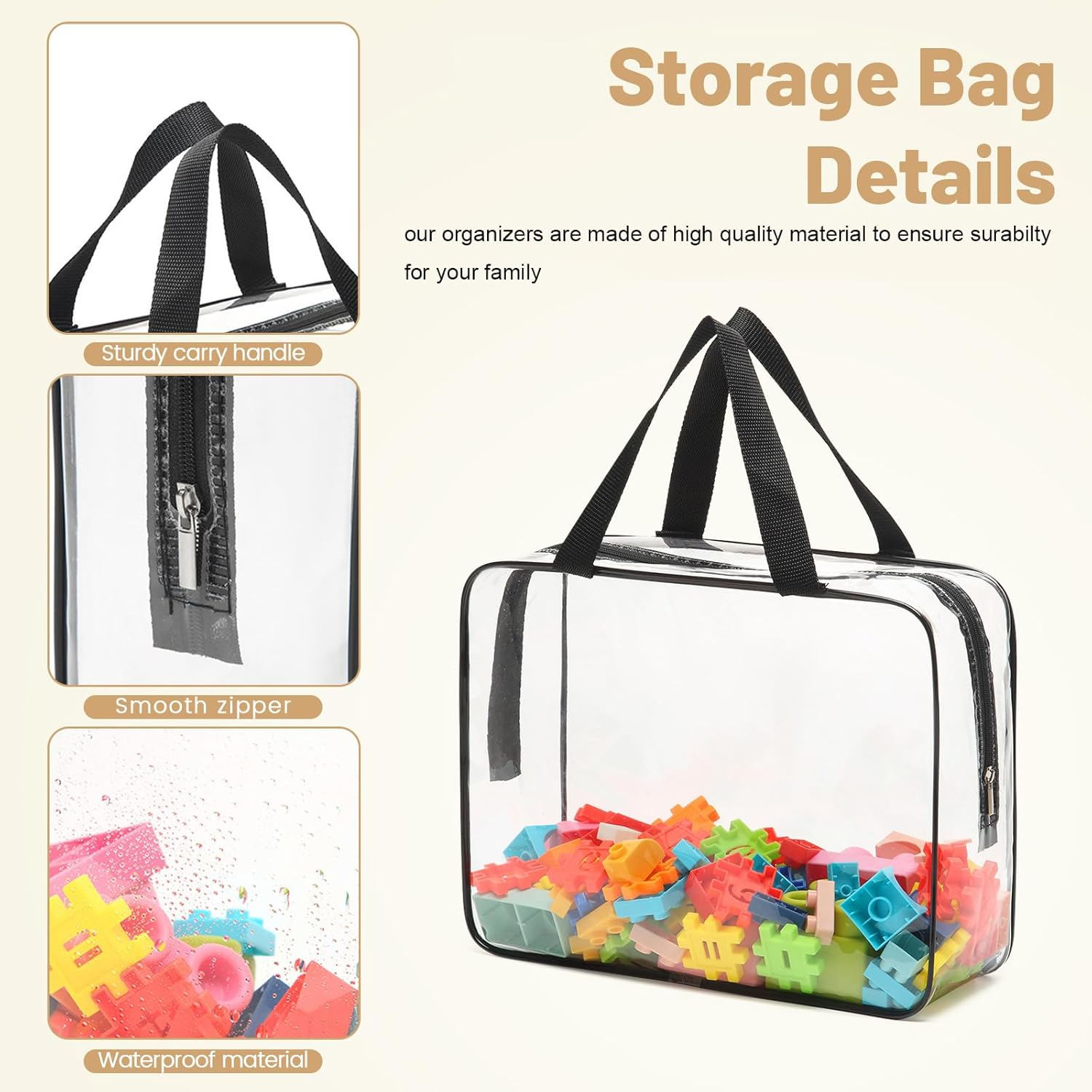 6 Pack Clear Toiletry Storage Bags, PVC Plastic Zipper Pouches with Handle, Waterproof Transparent Makeup Organizer Bag for Board Game Puzzle Book Building Blocks (6)